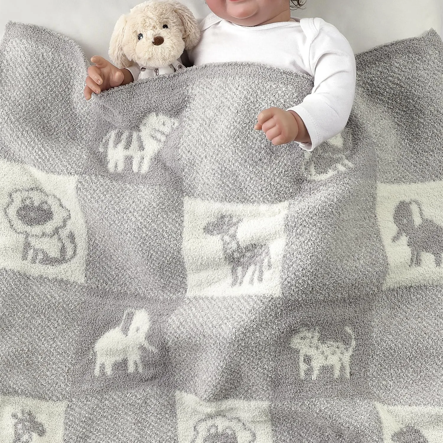 CREVENT 2 copertine da 75 cm x 100 cm, simpatiche, soffici, calde, per bambini, culla, passeggino, colore: grigio nuvola + animale lavorato a maglia grigio - immagine 5