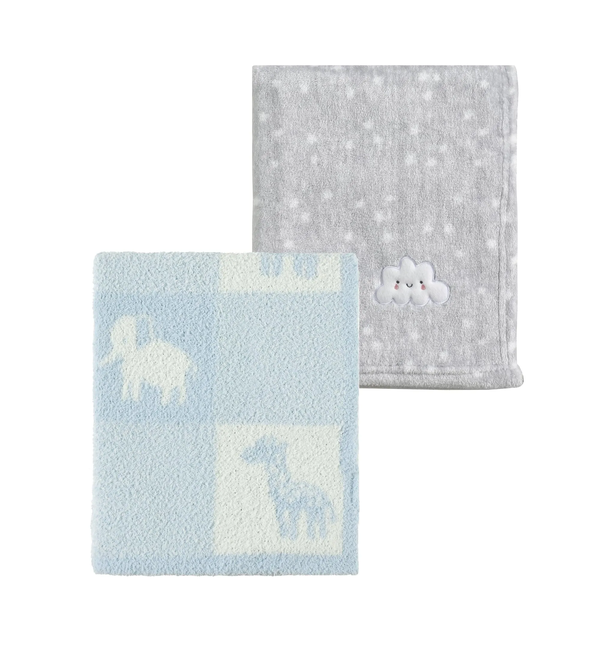 CREVENT 2 copertine per neonati,75 cm x 100 cm, simpatiche, calde, soffici, per lettino e passeggino, colore: grigio nuvola + animale lavorato a maglia blu - immagine 1