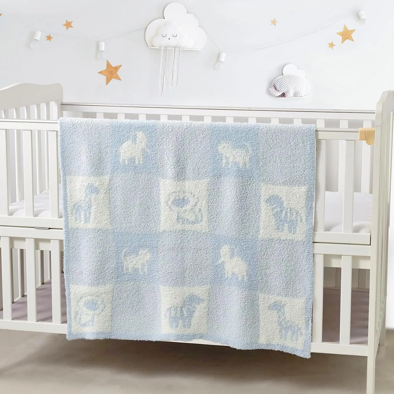 CREVENT 2 copertine per neonati,75 cm x 100 cm, simpatiche, calde, soffici, per lettino e passeggino, colore: grigio nuvola + animale lavorato a maglia blu - immagine 3