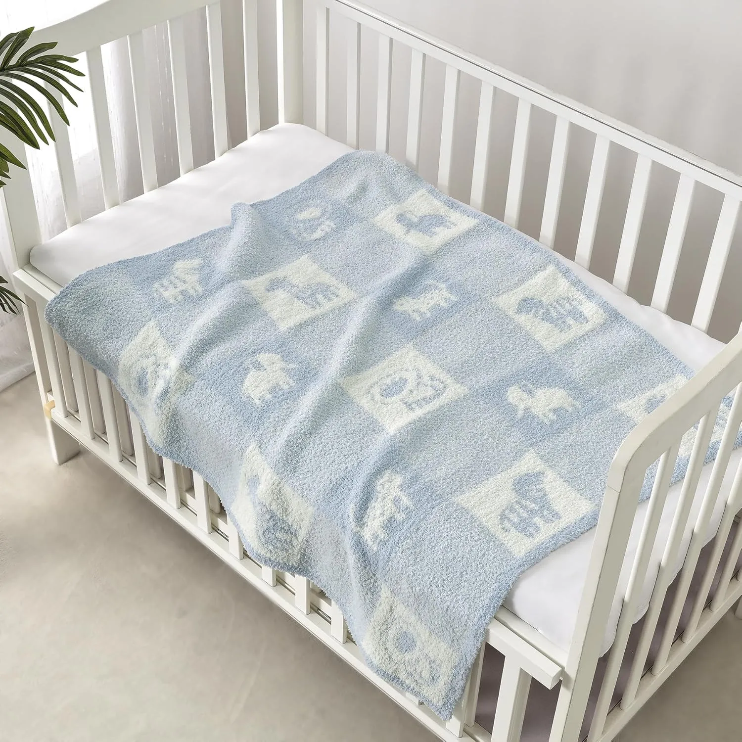 CREVENT 2 copertine per neonati,75 cm x 100 cm, simpatiche, calde, soffici, per lettino e passeggino, colore: grigio nuvola + animale lavorato a maglia blu - immagine 7