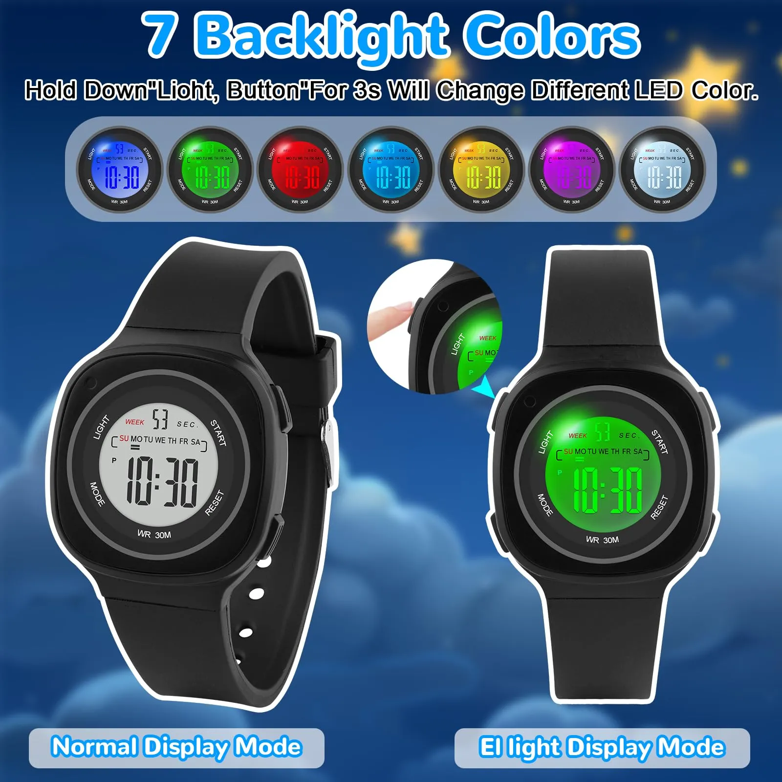 GUUMUXIN Orologio Digitale, 7 Luci Colorate, 3ATM Impermeabile, 5-15 Anni - immagine 2