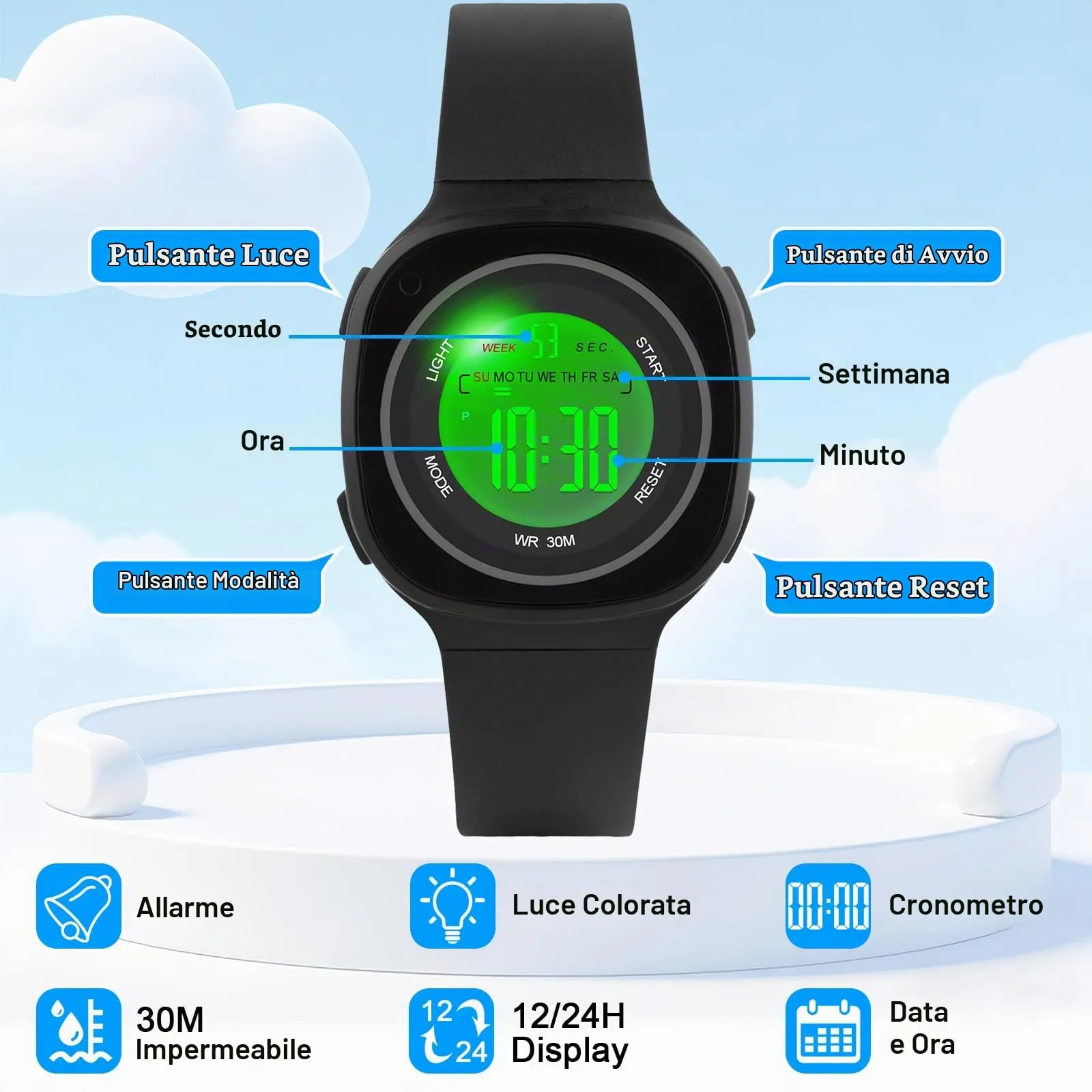 GUUMUXIN Orologio Digitale, 7 Luci Colorate, 3ATM Impermeabile, 5-15 Anni - immagine 5