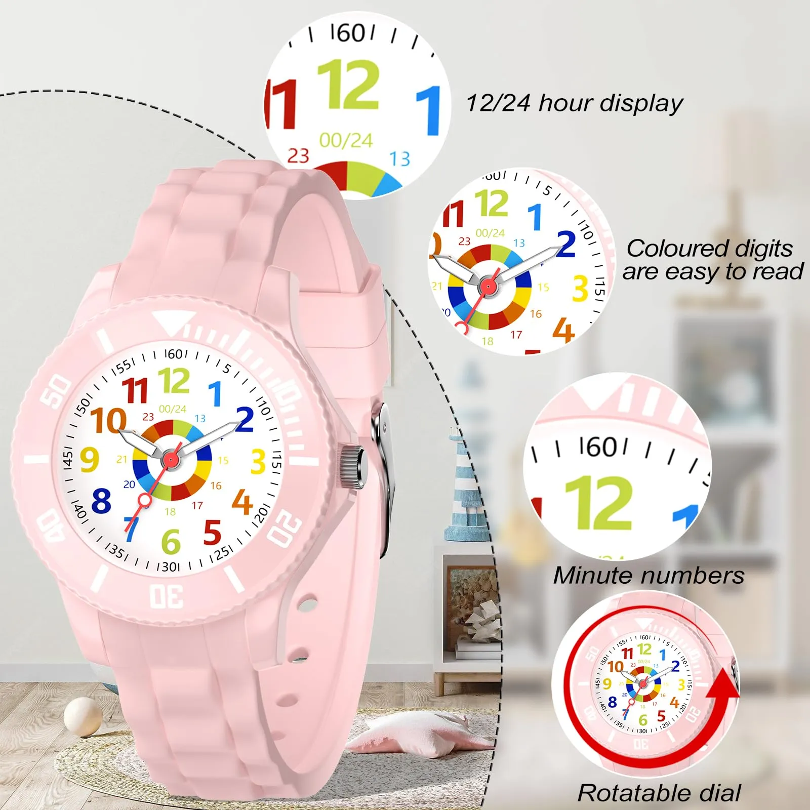DTKID Orologio Bambini Analogico, Ghiera Girevole, Silicone (Rosa Pallido) - immagine 2