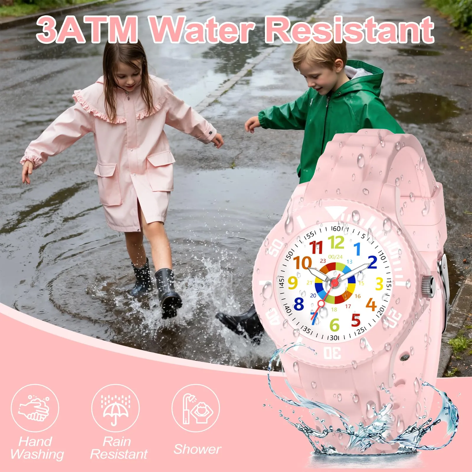 DTKID Orologio Bambini Analogico, Ghiera Girevole, Silicone (Rosa Pallido) - immagine 3