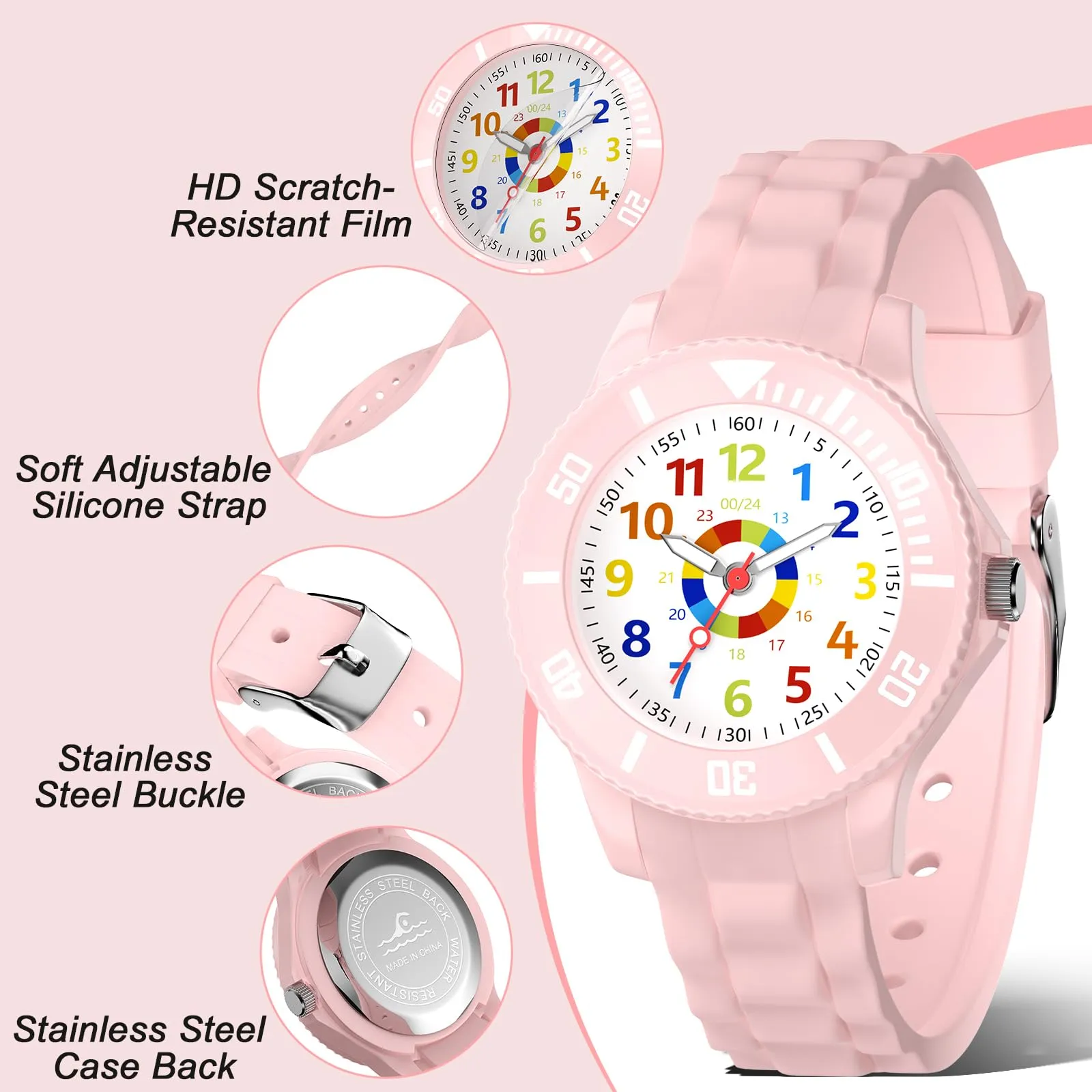 DTKID Orologio Bambini Analogico, Ghiera Girevole, Silicone (Rosa Pallido) - immagine 4