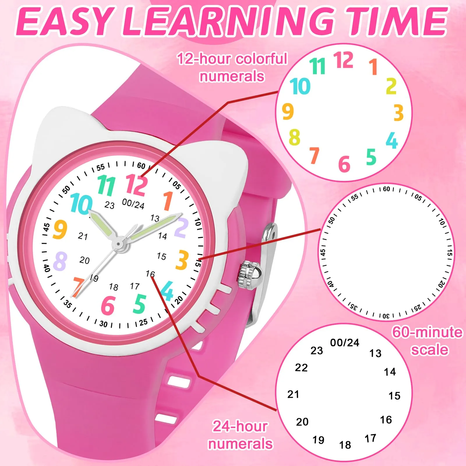 DTKID Orologio Bambini Analogico, Ghiera Girevole, Silicone (Fucsia) - immagine 2