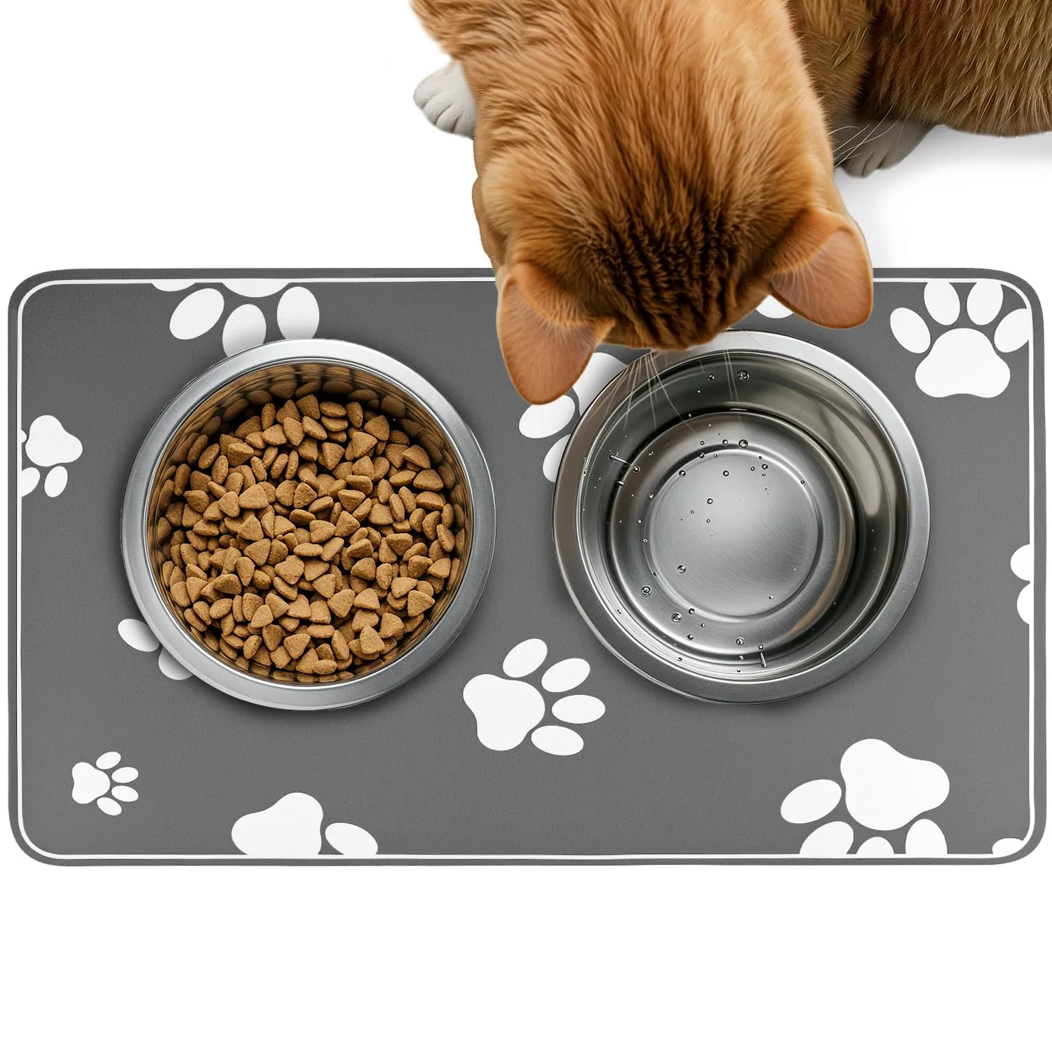 QWORK® 30x50 cm Tappetino per ciotola per cibo per animali domestici, tappetino per ciotola assorbente per cani e gatti, facile da pulire, antiscivolo, grigio - immagine 1