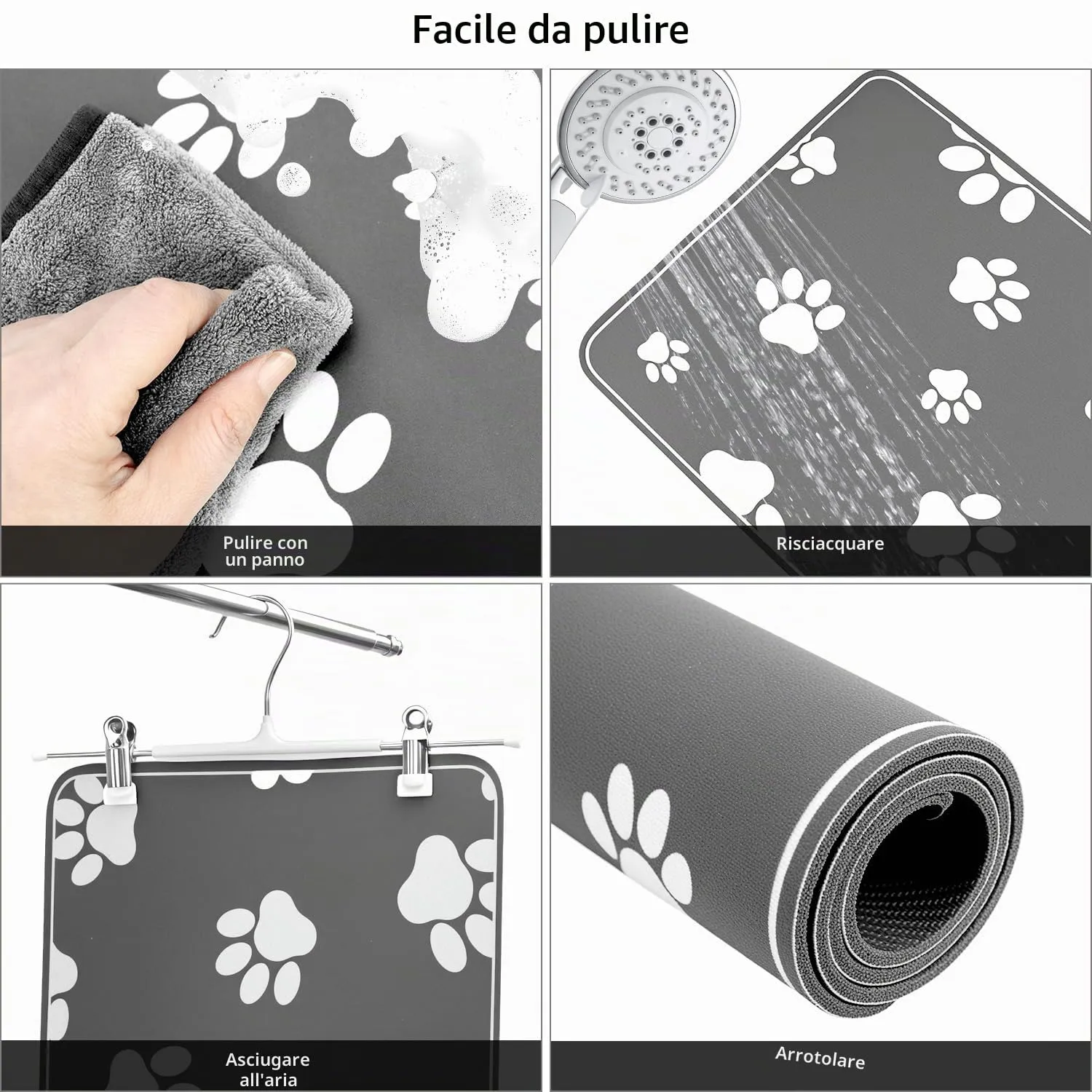QWORK® 30x50 cm Tappetino per ciotola per cibo per animali domestici, tappetino per ciotola assorbente per cani e gatti, facile da pulire, antiscivolo, grigio - immagine 3
