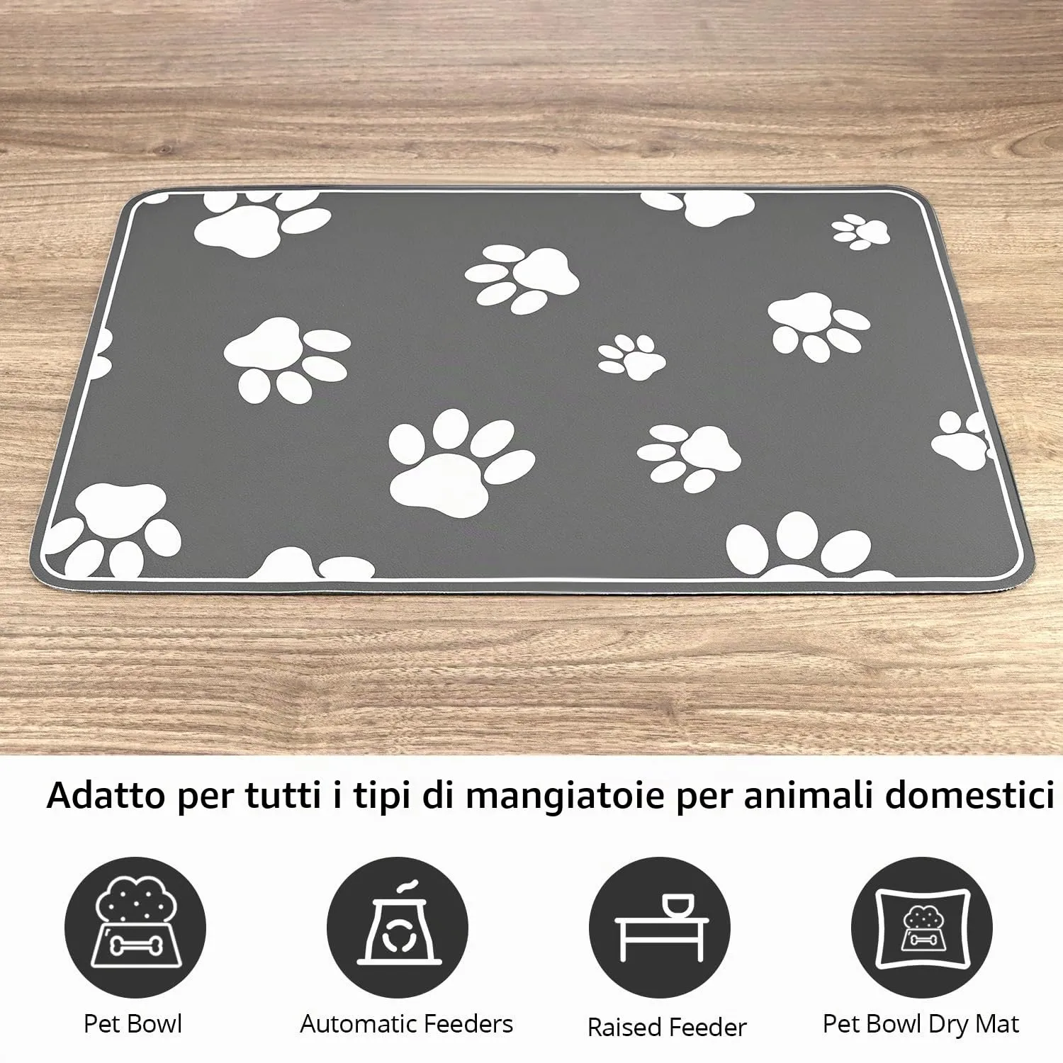 QWORK® 30x50 cm Tappetino per ciotola per cibo per animali domestici, tappetino per ciotola assorbente per cani e gatti, facile da pulire, antiscivolo, grigio - immagine 5