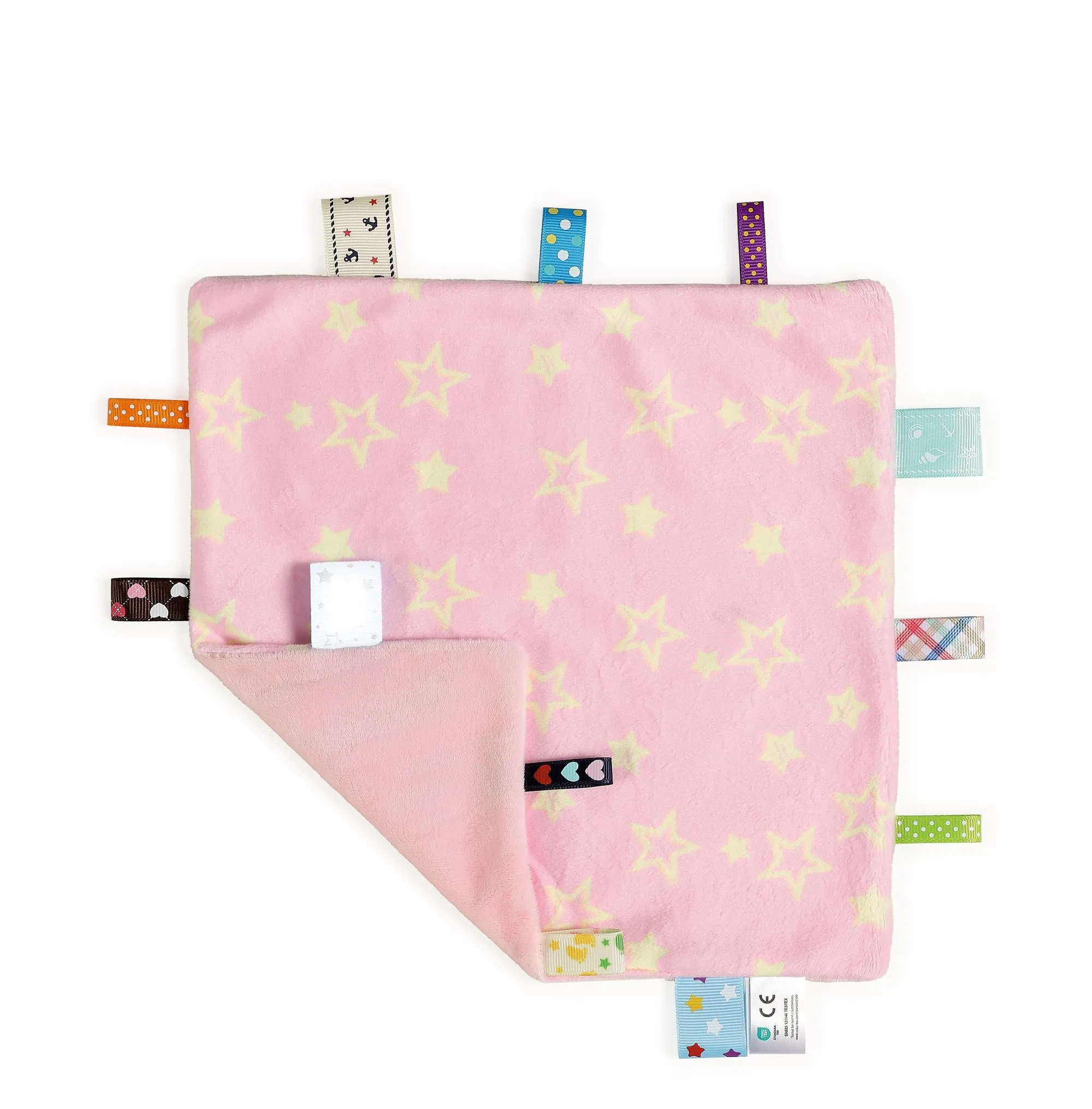 Crevent, coperte di sicurezza con etichette per neonati, morbide piccole coccole per ragazzi, coperta sensoriale per neonati, fantastici regali per feste di compleanno e baby shower - 25,4x25,4 cm - immagine 3
