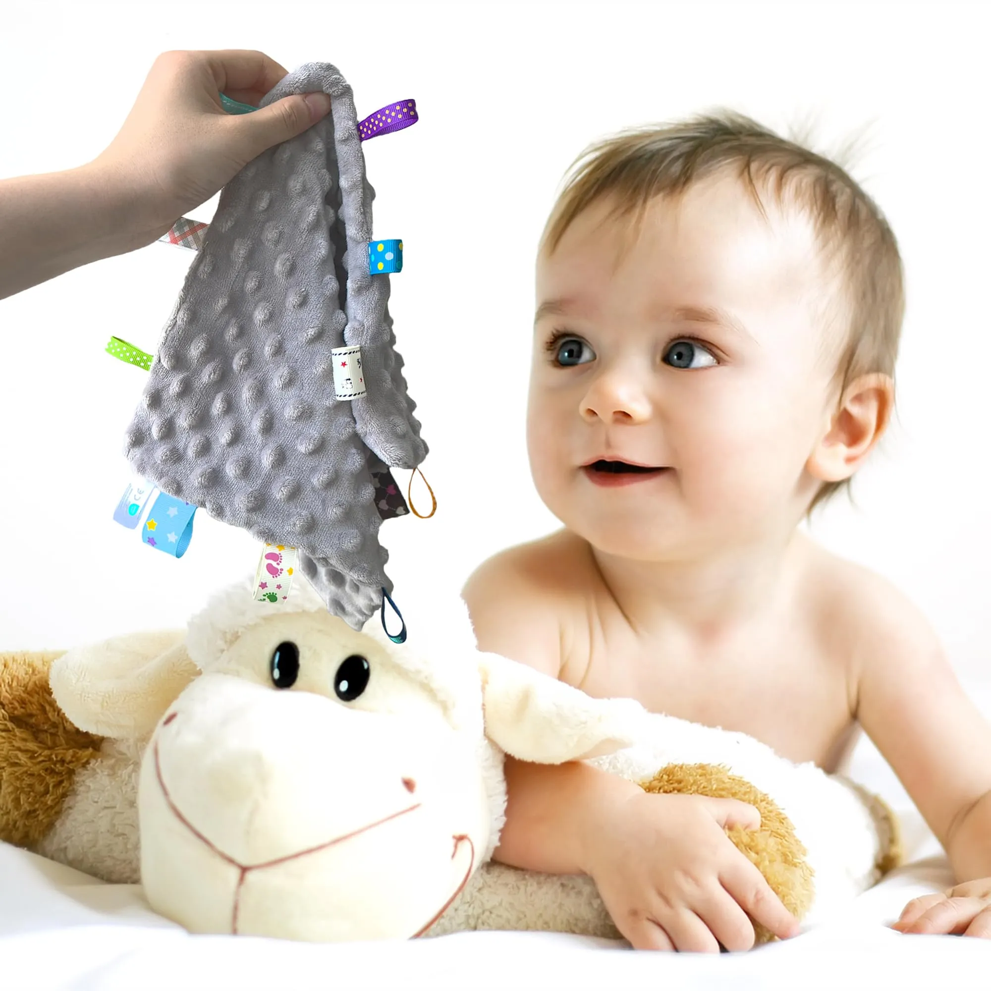 Crevent, coperte di sicurezza con etichette per neonati, morbide piccole coccole per ragazzi, coperta sensoriale per neonati, fantastici regali per feste di compleanno e baby shower - 25,4x25,4 cm - immagine 6