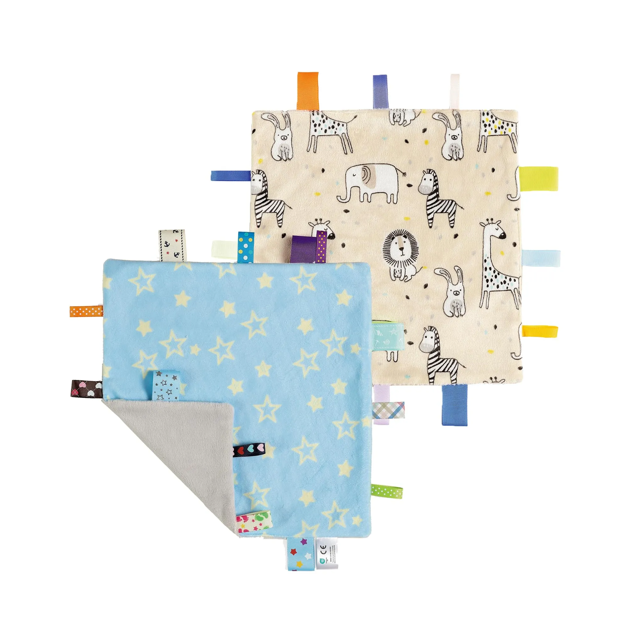 CREVENT Etichette - Coperta di sicurezza per bambini, morbida coperta sensoriale, ottima idea regalo per compleanno e baby shower, 24 x 24 cm, stella blu + zoo - immagine 1