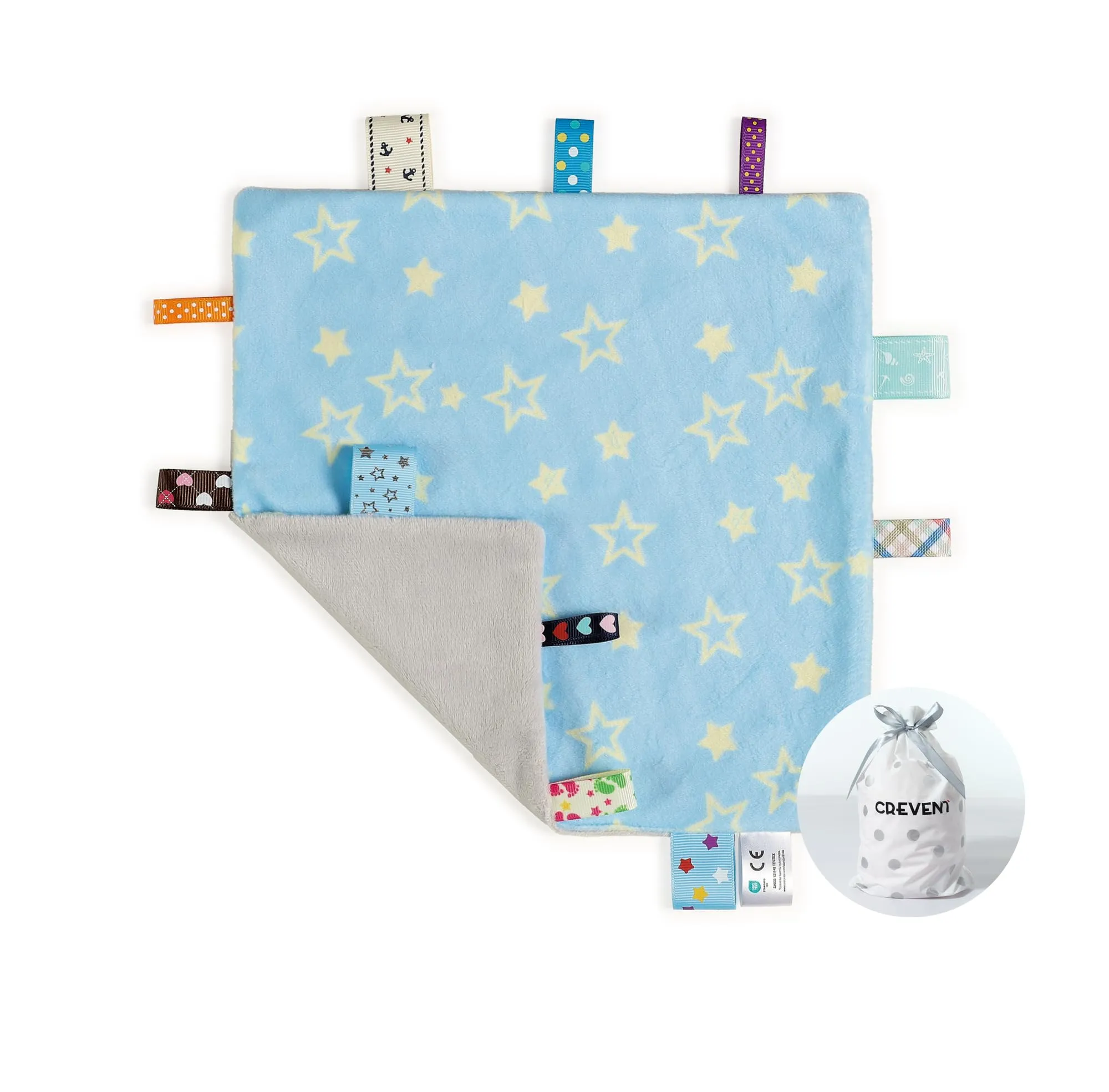 CREVENT Coperte di sicurezza con tag per bambini, morbide e piccole Loveys per ragazzi, coperta sensoriale per bambini, ottimi regali per compleanno e baby shower, 25,4 x 25,4 cm, stella blu - immagine 1