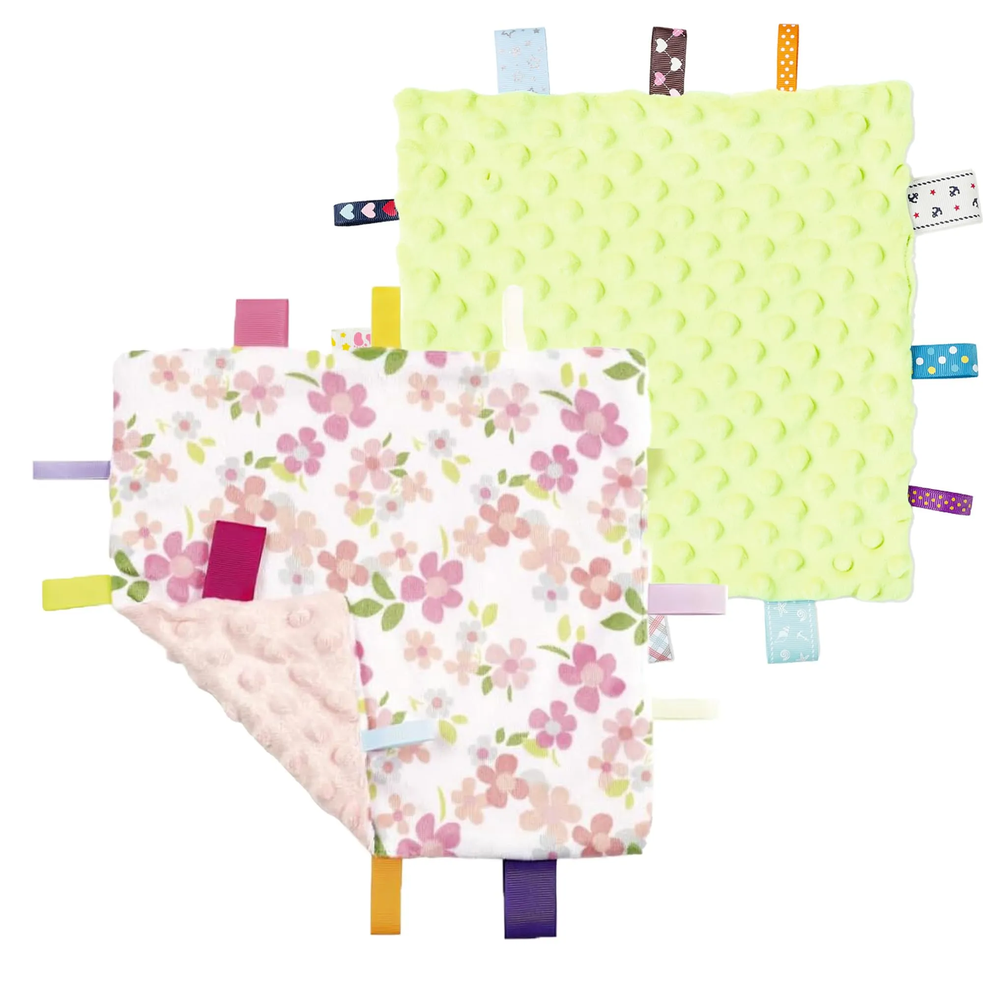 CREVENT Coperte di Sicurezza con Etichette per Bambini, Morbida Piccola Coperta Sensoriale e Confortevole, Ottimi Regali per Compleanno e Baby Shower – 24X24cm/10 X10 Verde + Fiore Selvatico - immagine 1