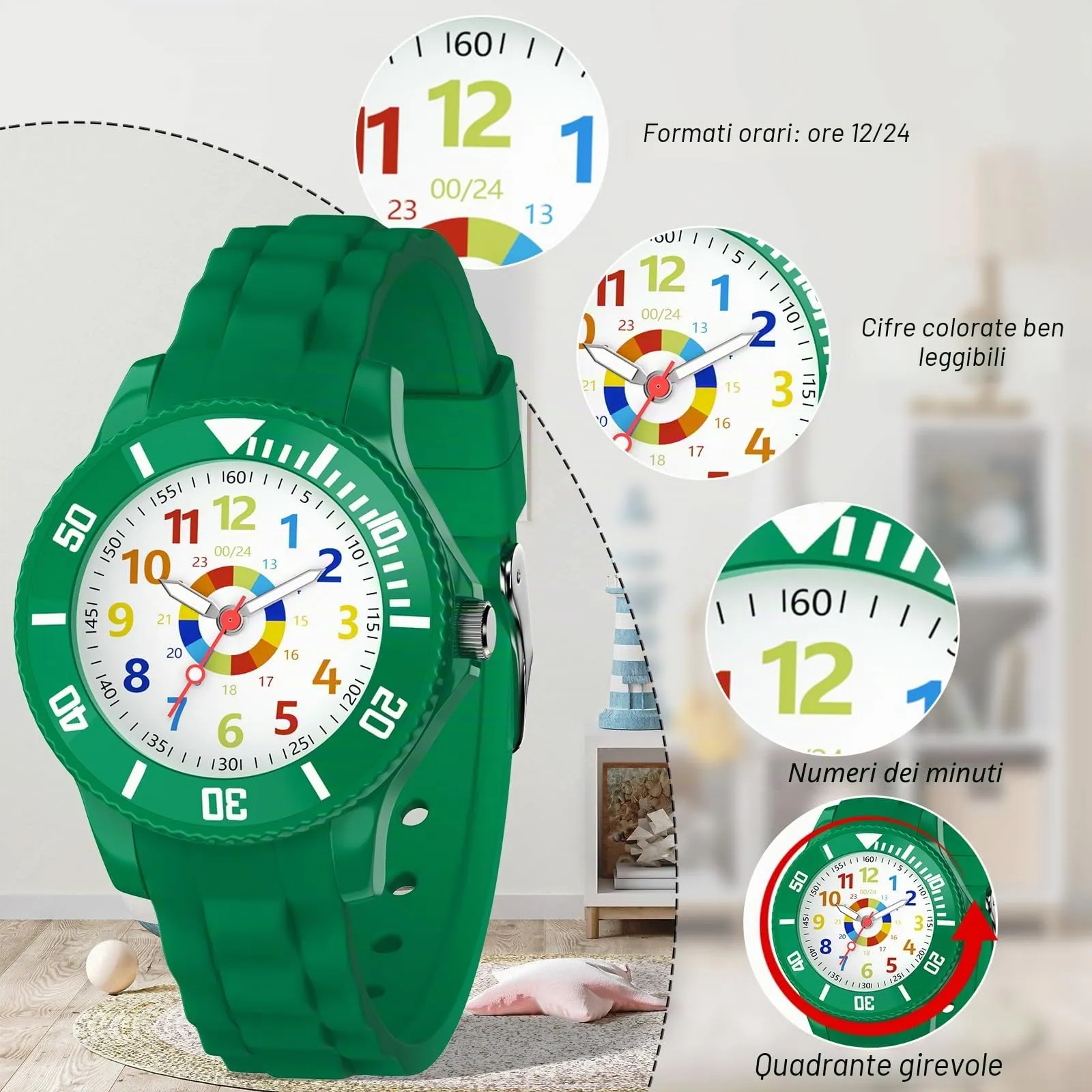 DTKID Orologio Bambini Analogico, Ghiera Girevole, Silicone (Verde Scuro) - immagine 2