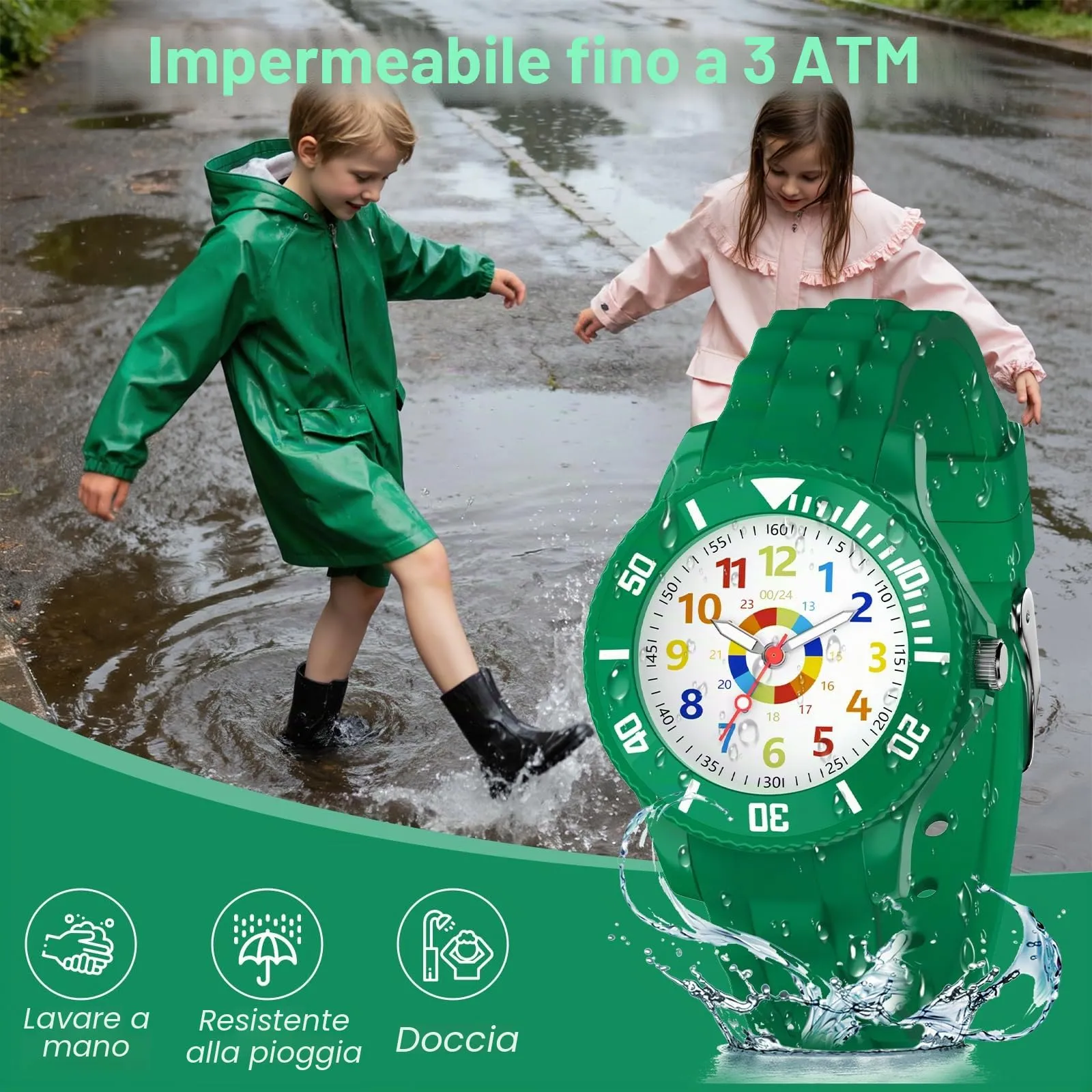 DTKID Orologio Bambini Analogico, Ghiera Girevole, Silicone (Verde Scuro) - immagine 3