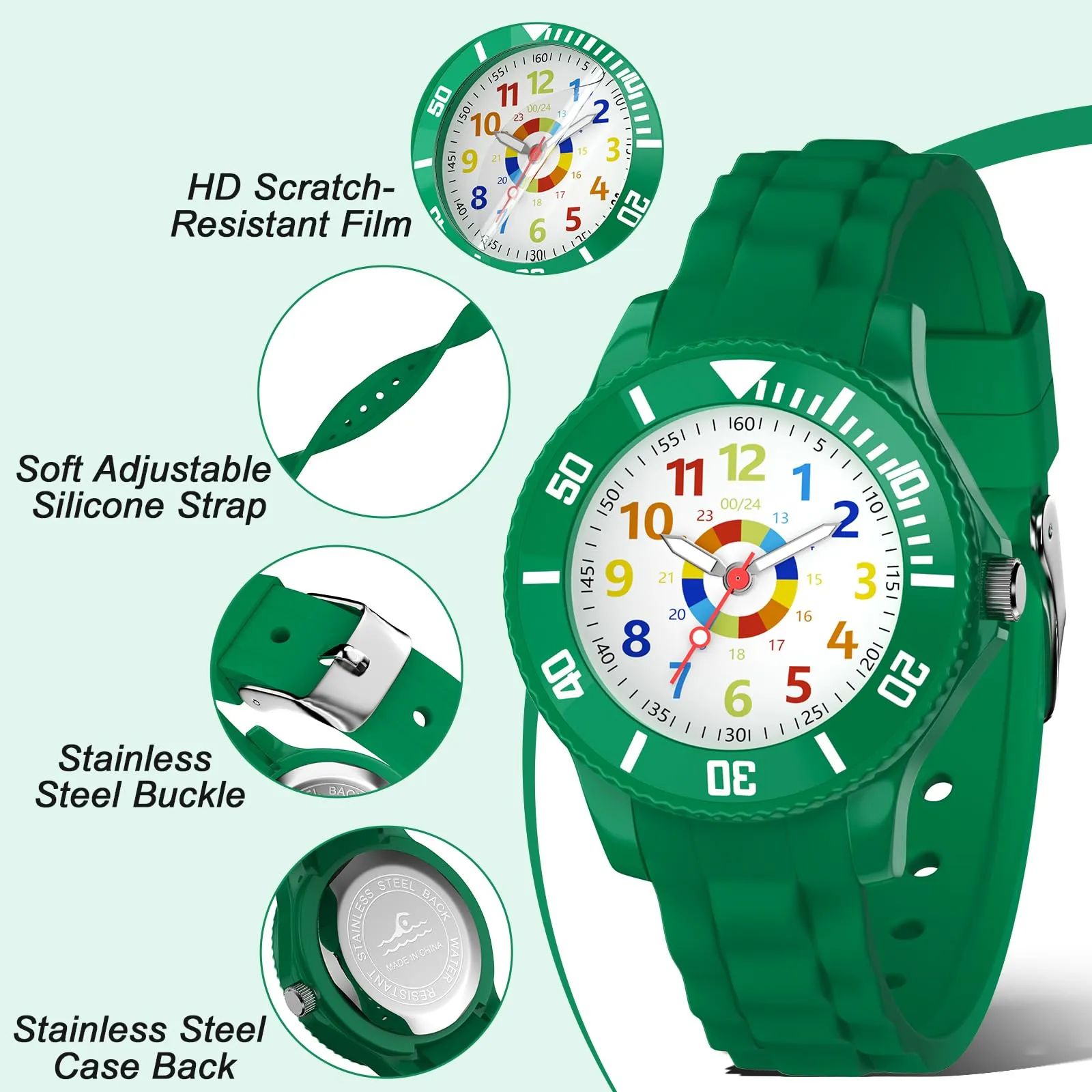 DTKID Orologio Bambini Analogico, Ghiera Girevole, Silicone (Verde Scuro) - immagine 4