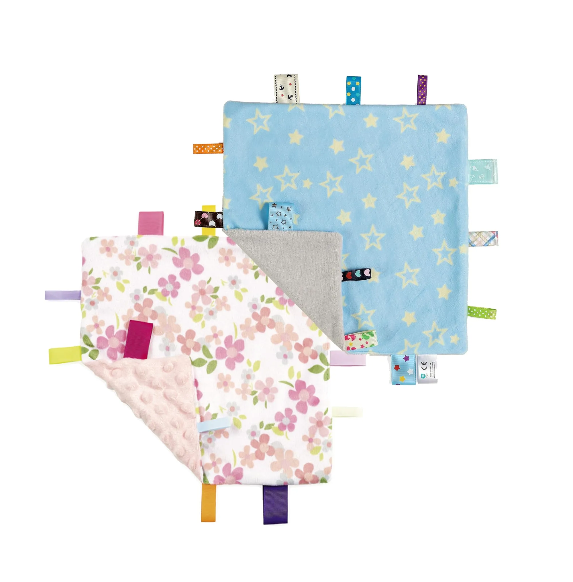 CREVENT Coperta di Sicurezza con Etichette per Neonati, Morbida Coperta Comfort Sensoriale per Bambini, Ottimi Regali per Compleanno e Baby Shower - 24X24cm/10 X10 Blu Stella + Fiore Selvatico - immagine 1