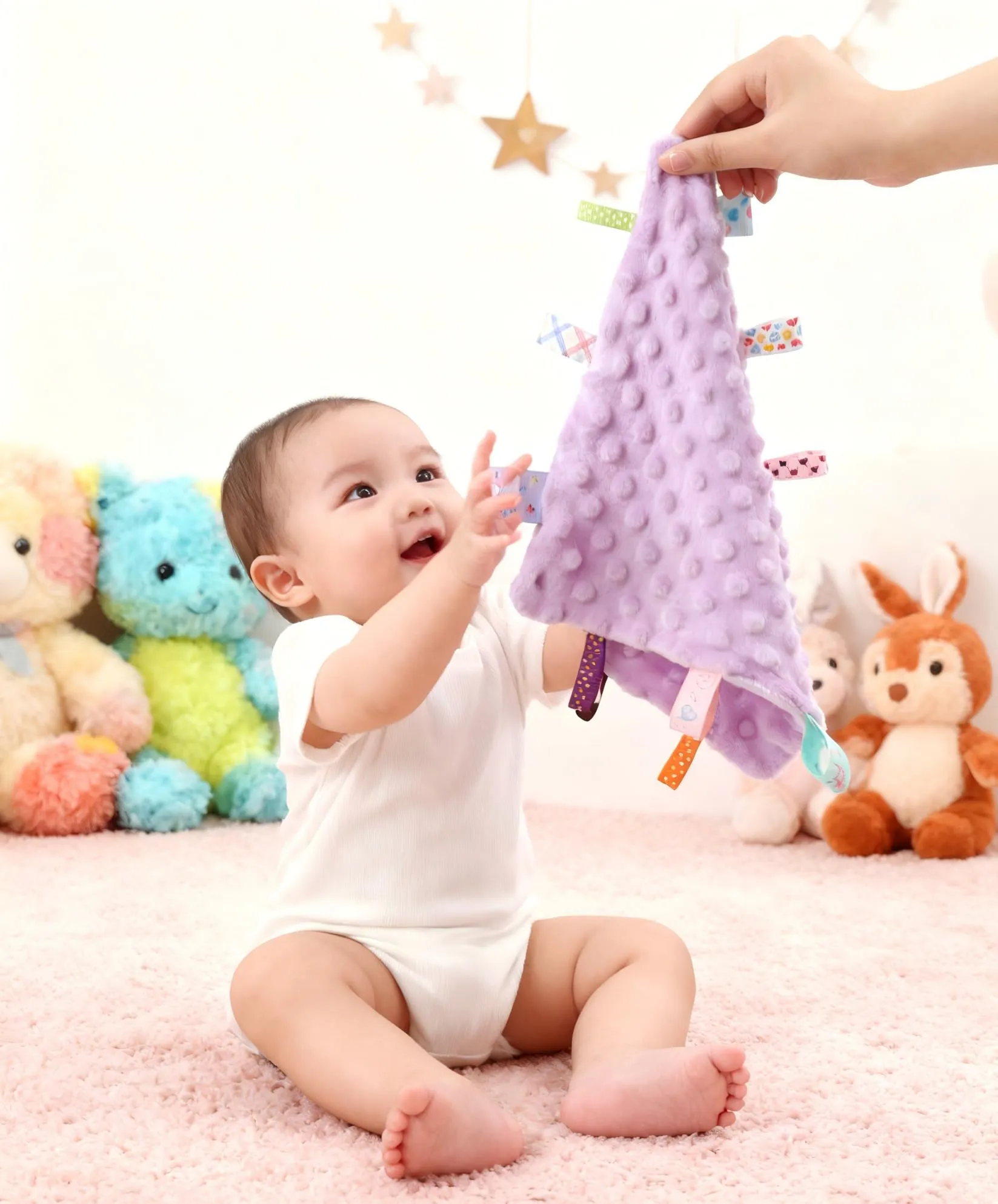 CREVENT Coperte di Sicurezza con Etichette per Bambini, Morbida Piccola Coperta Sensoriale e di Coccole, Ottimi Regali per Compleanno e Baby Shower – 24X24cm/10X10 Verde + Viola - immagine 4