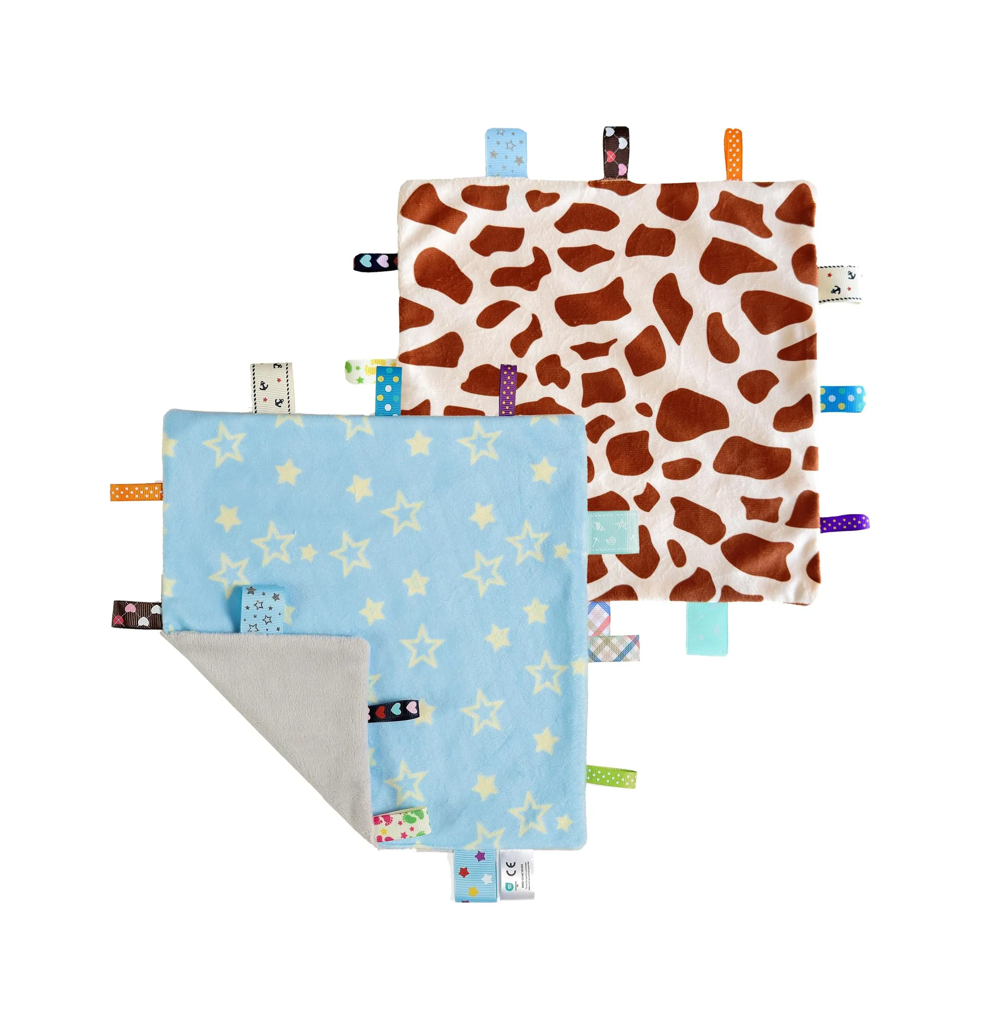 CREVENT Copertine di sicurezza con tag per neonati, morbida piccola copertina comfort sensoriale per bambini, ottimi regali per compleanno baby shower - 24 x 24 cm, stella blu + pois giraffa - immagine 1