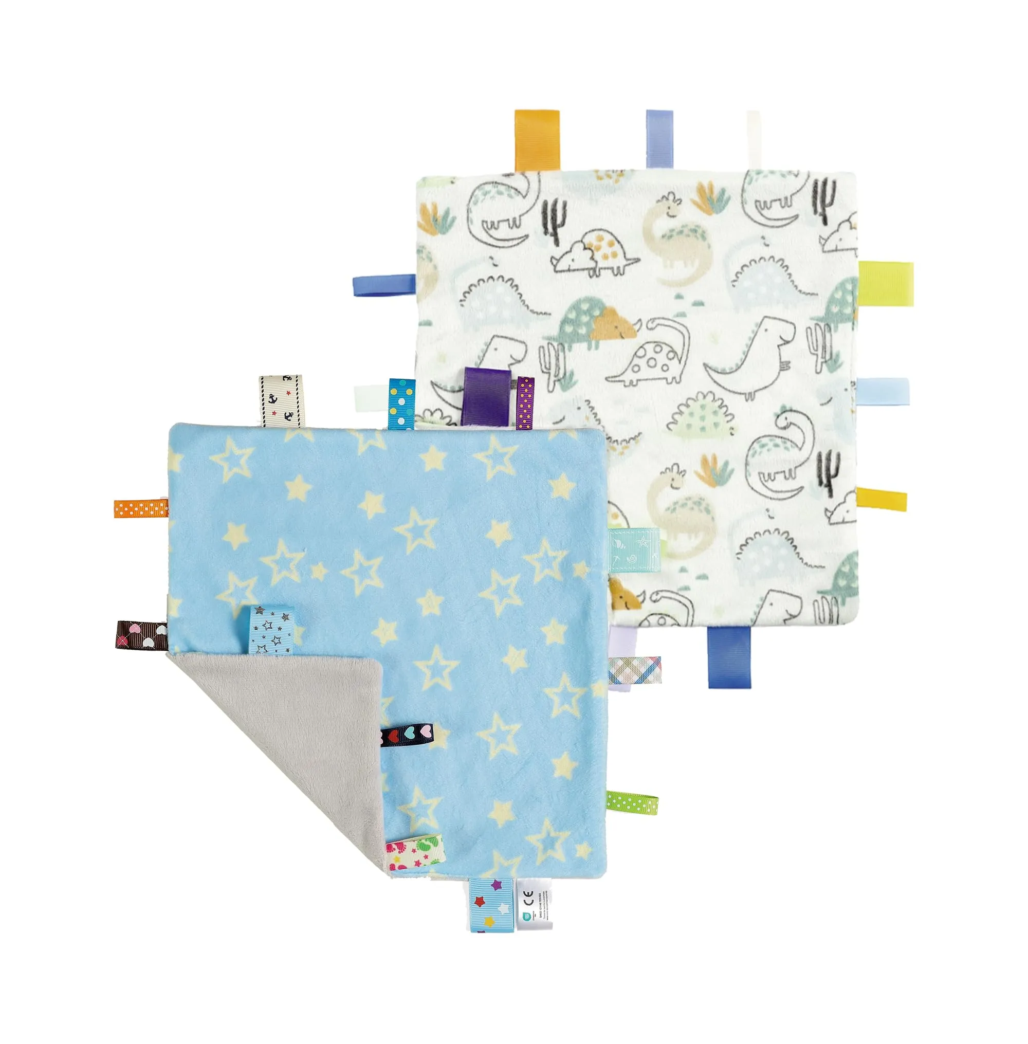 CREVENT Coperte di Sicurezza con Etichette per Bambini, Morbida Piccola Coperta Sensoriale e Confortevole, Ottimi Regali per Compleanno e Baby Shower – 24X24cm/10 X10 Stella Blu + Dinosauro - immagine 1