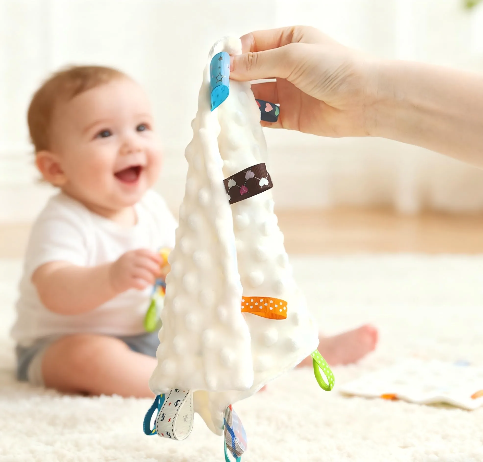 CREVENT Coperte di Sicurezza con Etichette per Bambini, Morbida Piccola Coperta Sensoriale e di Coccole, Ottimi Regali per Compleanno e Baby Shower – 24X24cm/10X10 Verde + Avorio - immagine 3