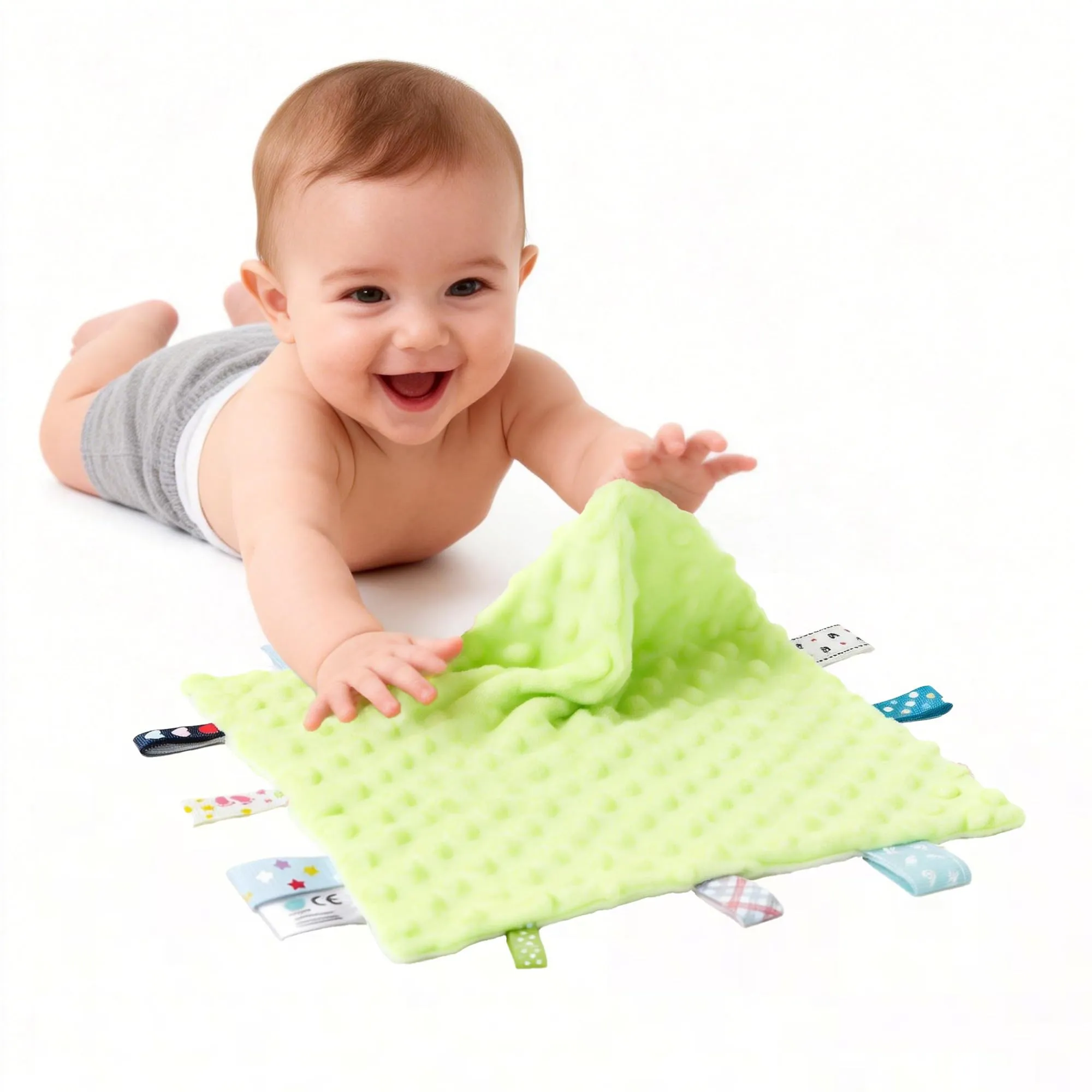 CREVENT Coperte di Sicurezza con Etichette per Bambini, Morbida Piccola Coperta Sensoriale e di Coccole, Ottimi Regali per Compleanno e Baby Shower – 24X24cm/10X10 Verde + Avorio - immagine 4