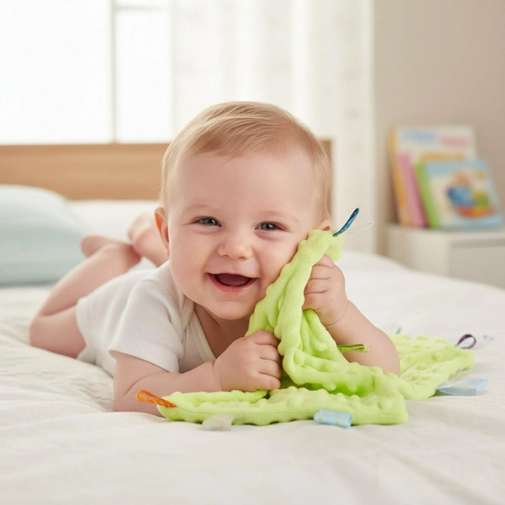 CREVENT Coperte di Sicurezza con Etichette per Bambini, Morbida Piccola Coperta Sensoriale e di Coccole, Ottimi Regali per Compleanno e Baby Shower – 24X24cm/10X10 Verde + Avorio - immagine 5