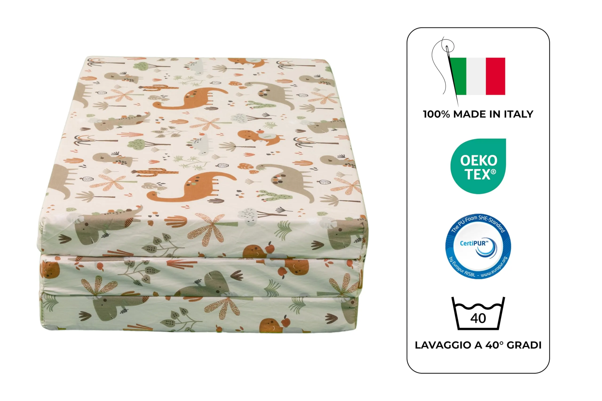 GHIOCUSCINI | Materasso Pieghevole per Bambini, 120 x 60 cm, Alto 5 cm, Tessuto DINOSAURO Lavabile, Imbottitura Waterfoam, Made in Italy a Norma EN16890:2017 - immagine 3