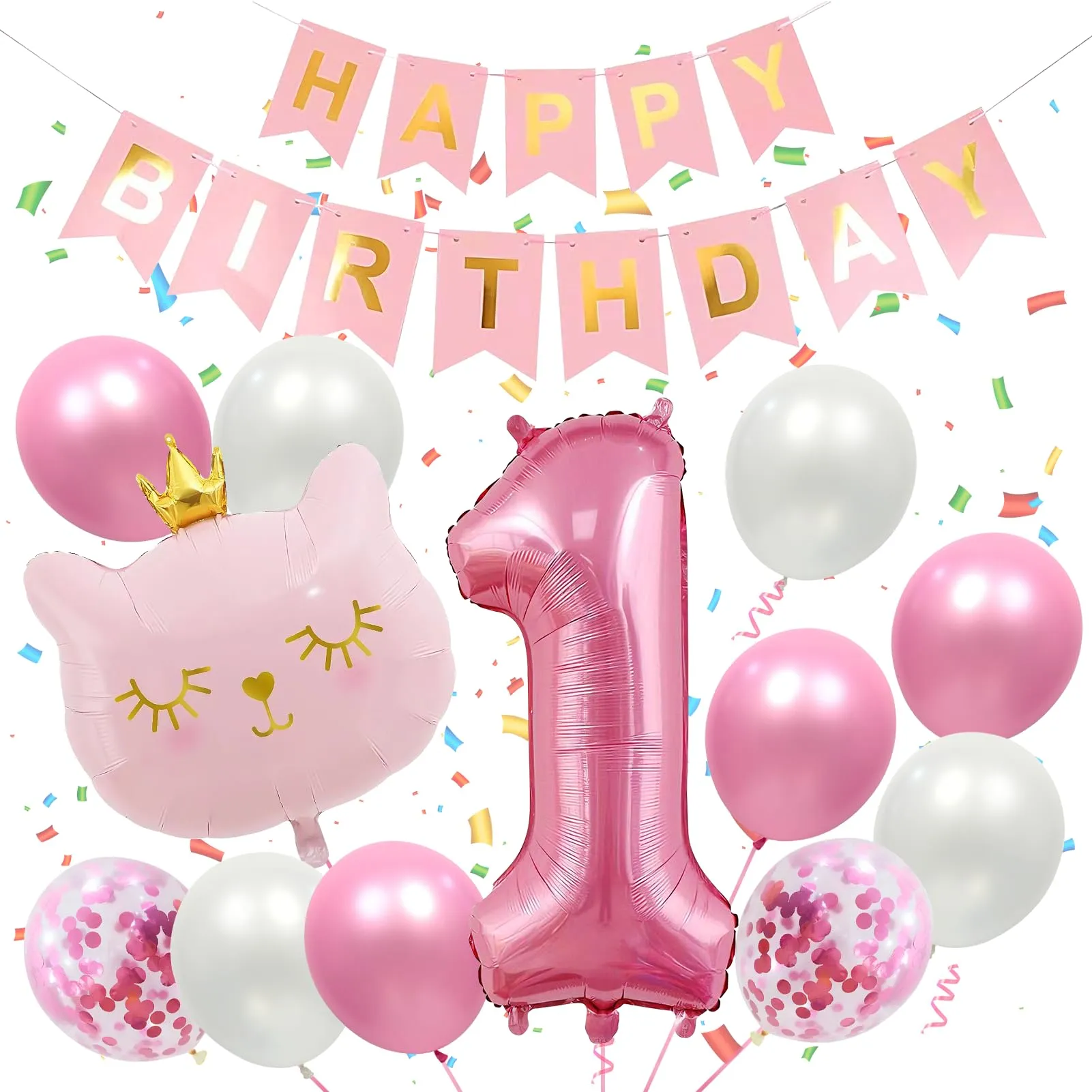 13 Pcs Palloncini 1 Anni Gatti,Decorazione di Compleanni per Bambine 1 Anni - immagine 1
