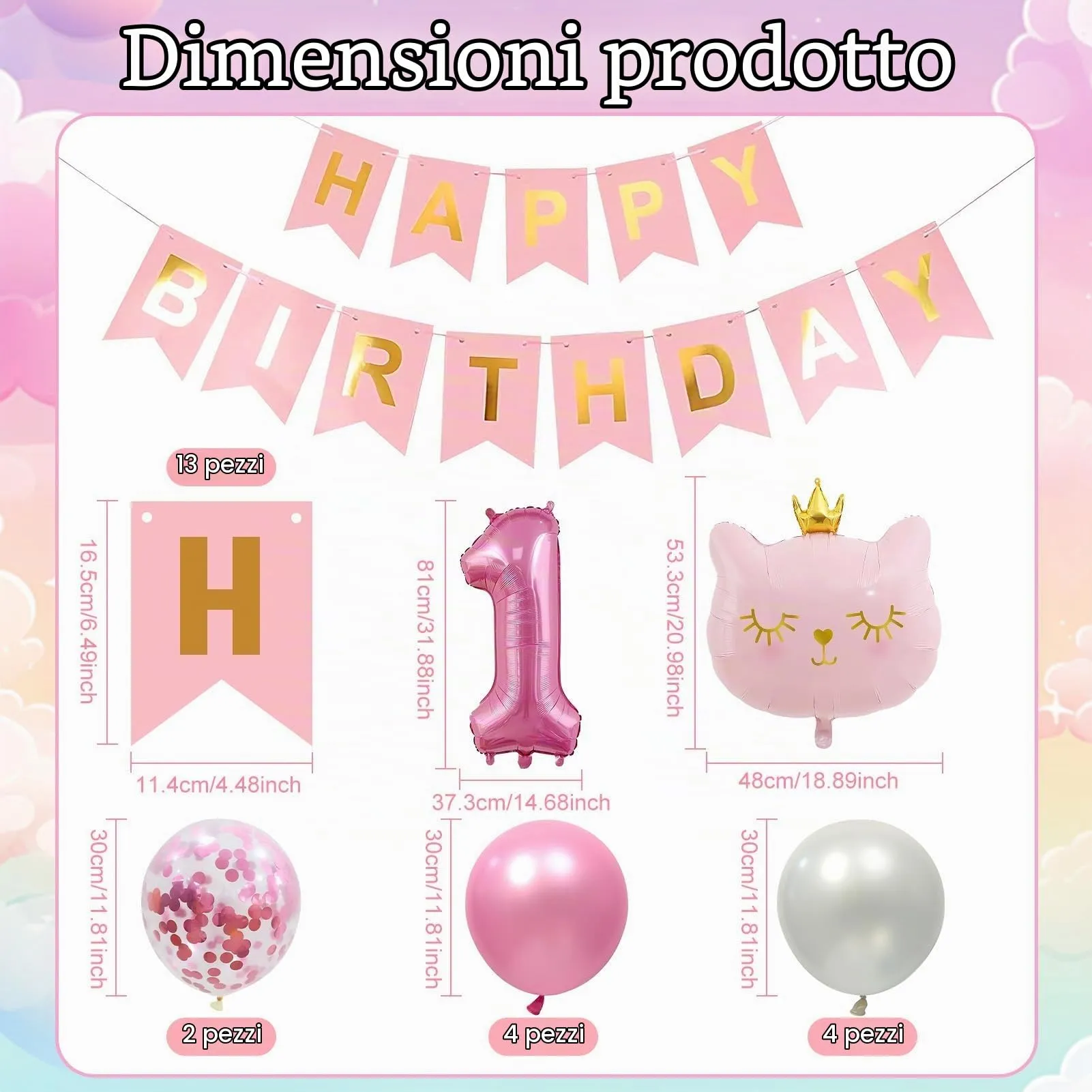 13 Pcs Palloncini 1 Anni Gatti,Decorazione di Compleanni per Bambine 1 Anni - immagine 2