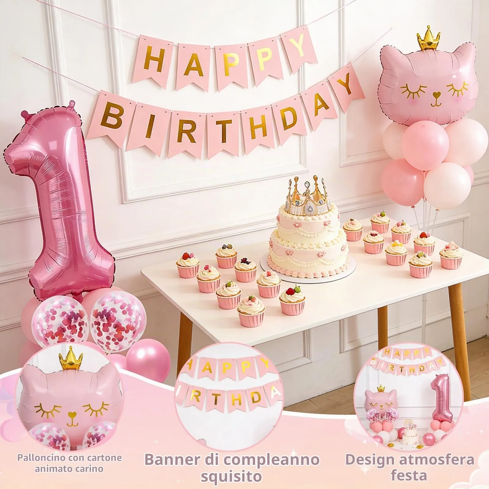 13 Pcs Palloncini 1 Anni Gatti,Decorazione di Compleanni per Bambine 1 Anni - immagine 3