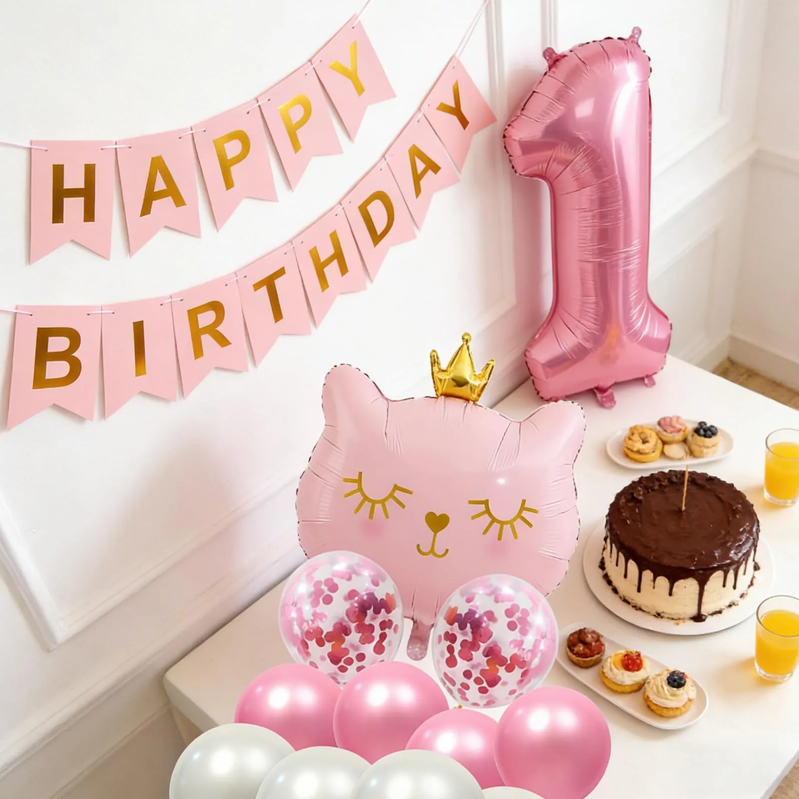 13 Pcs Palloncini 1 Anni Gatti,Decorazione di Compleanni per Bambine 1 Anni - immagine 4