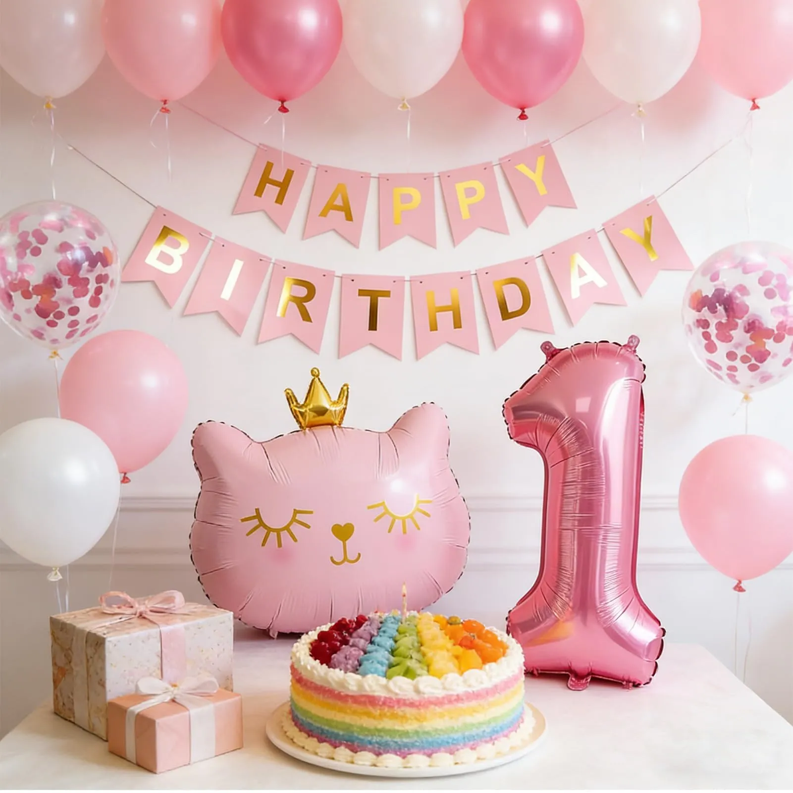 13 Pcs Palloncini 1 Anni Gatti,Decorazione di Compleanni per Bambine 1 Anni - immagine 5