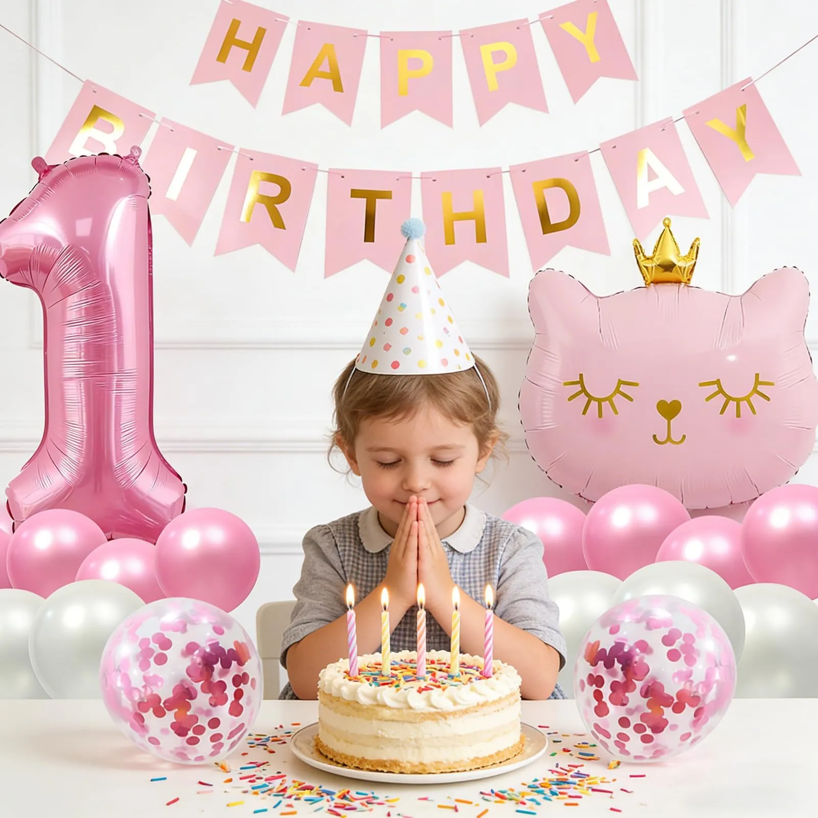 13 Pcs Palloncini 1 Anni Gatti,Decorazione di Compleanni per Bambine 1 Anni - immagine 7
