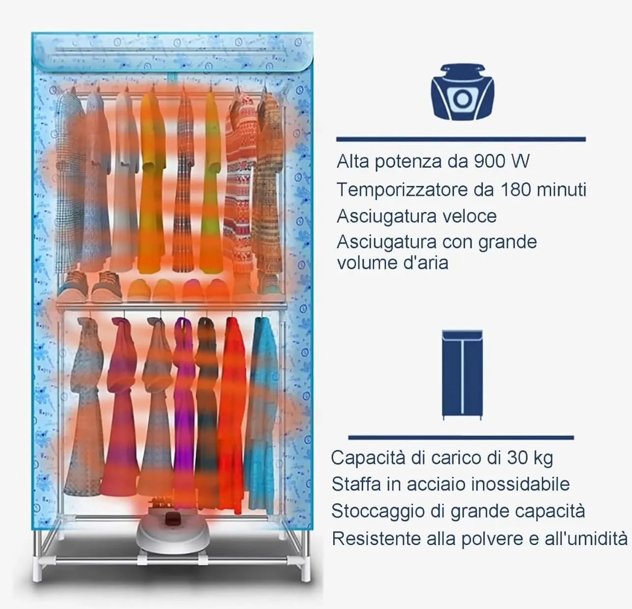 Asciugabiancheria Elettrico Portatile, 900W, Timer 180 Minuti, Capacità 30kg, Struttura in Acciaio Inox, Blu - immagine 7