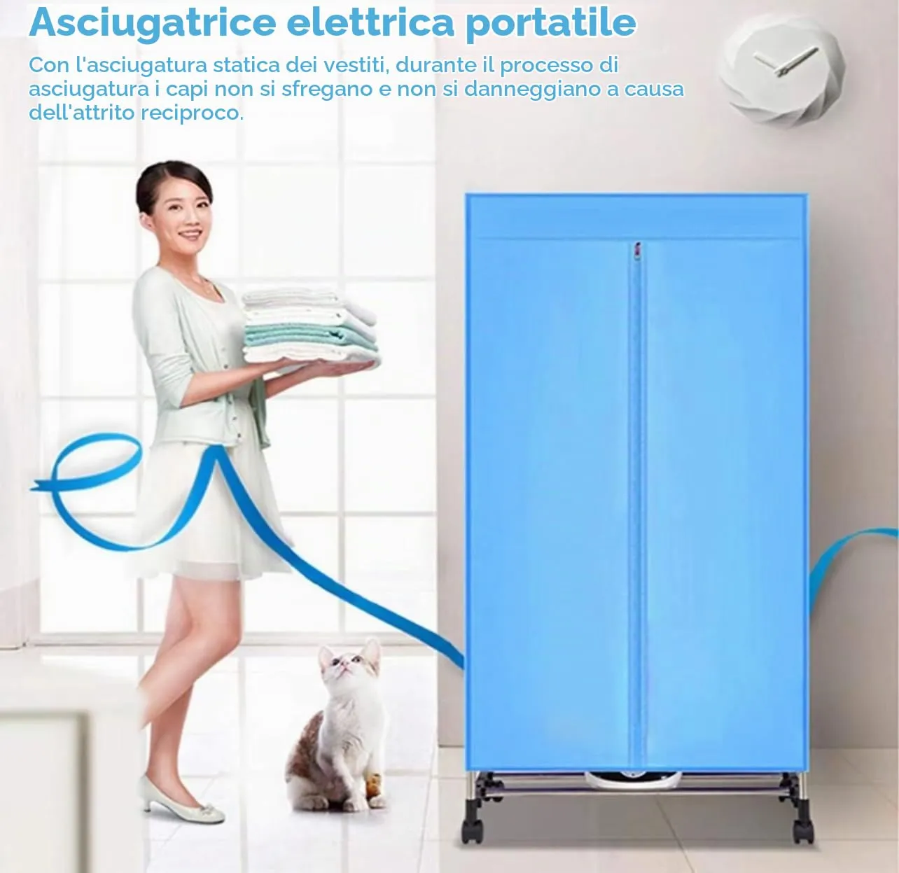 Asciugabiancheria Elettrico Portatile, 900W, Timer 180 Minuti, Capacità 30kg, Struttura in Acciaio Inox, Blu - immagine 8
