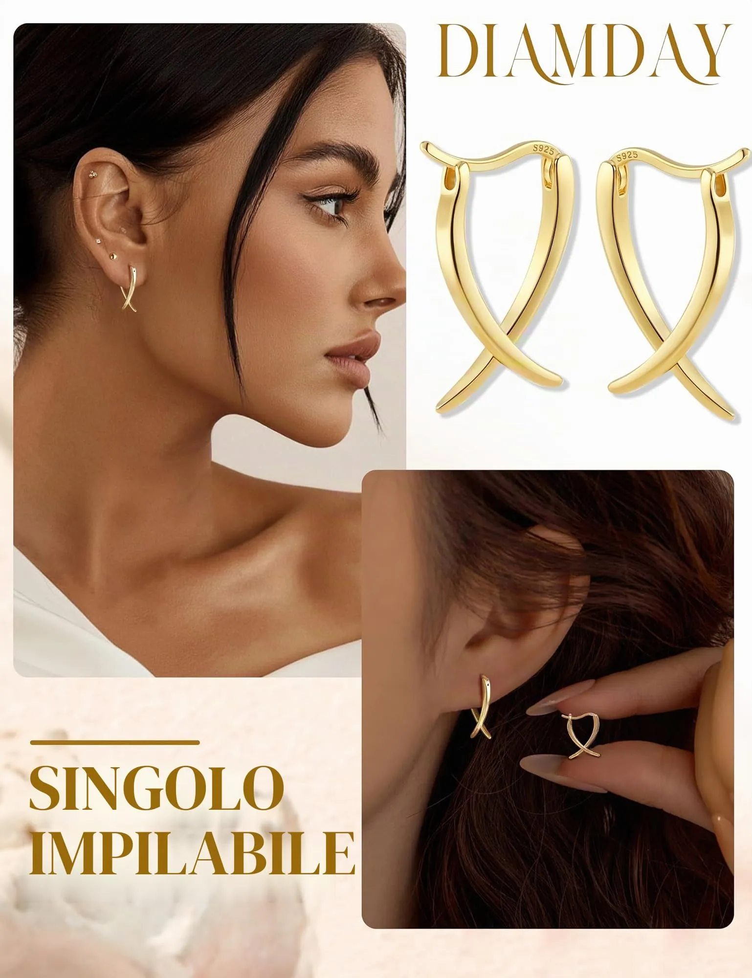 Diamday Orecchini Donna, Orecchini Cerchio, Agli in argento 925 - immagine 2