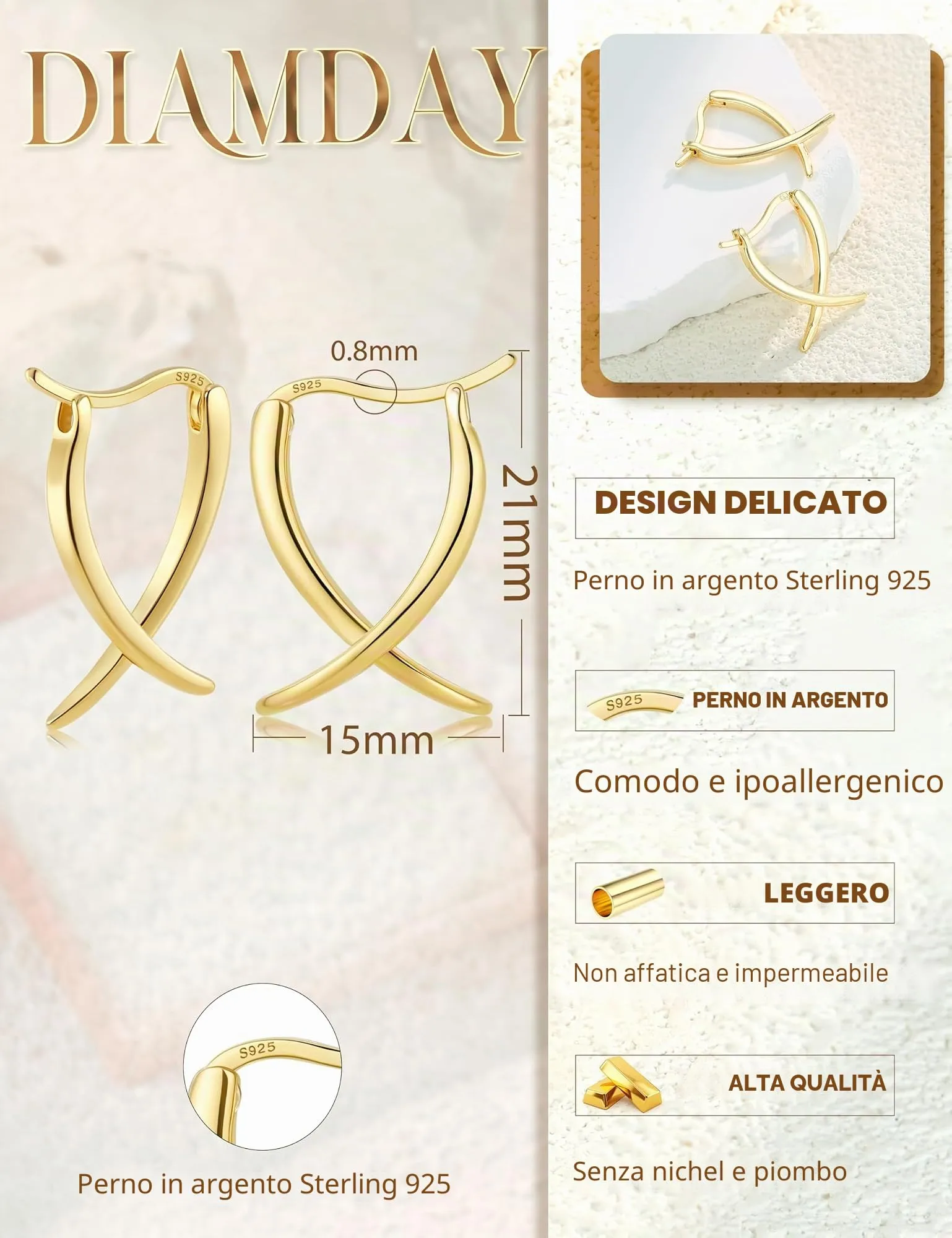 Diamday Orecchini Donna, Orecchini Cerchio, Agli in argento 925 - immagine 5