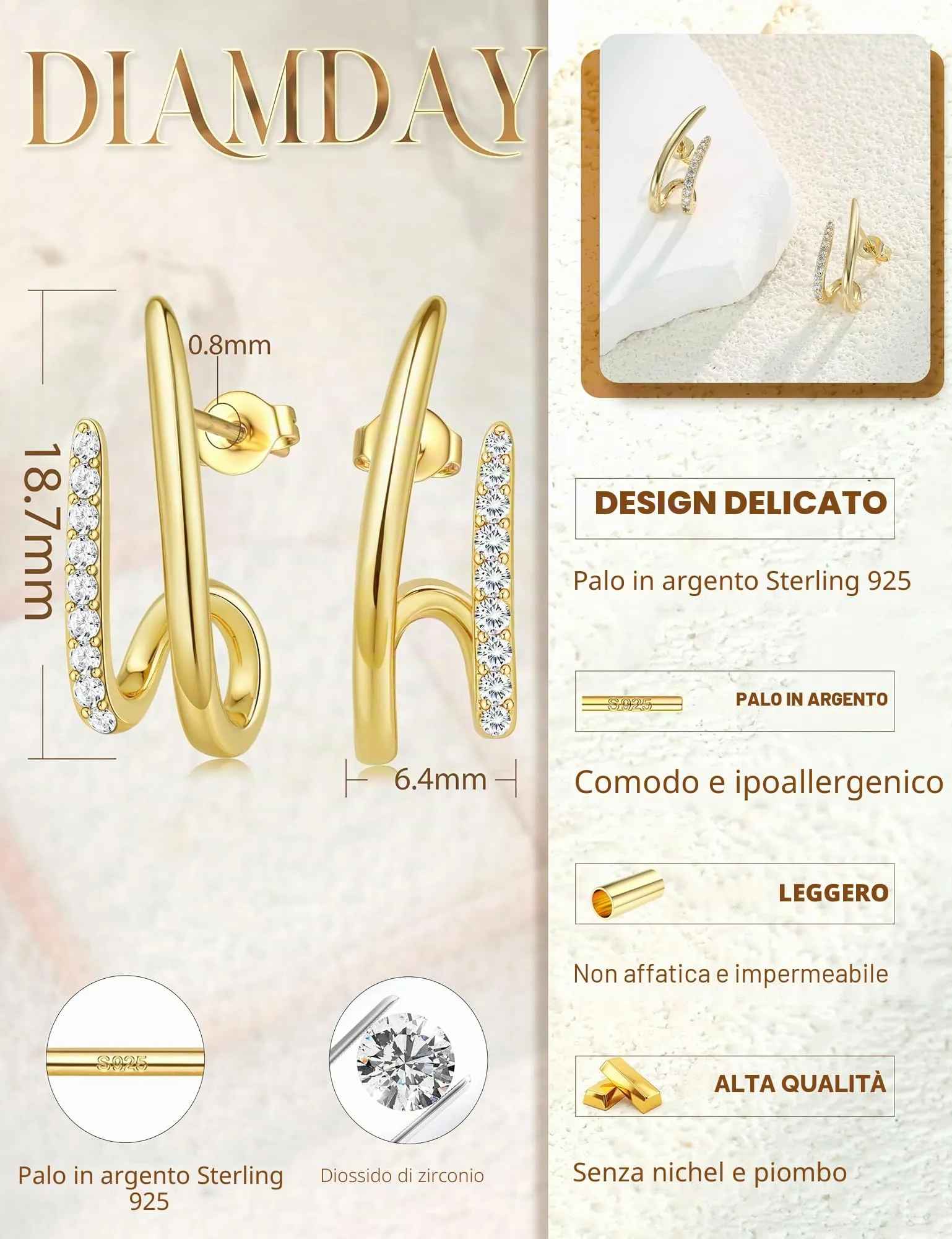 Diamday Orecchini Donna, Orecchini Cerchio, Agli in argento 925 - immagine 5