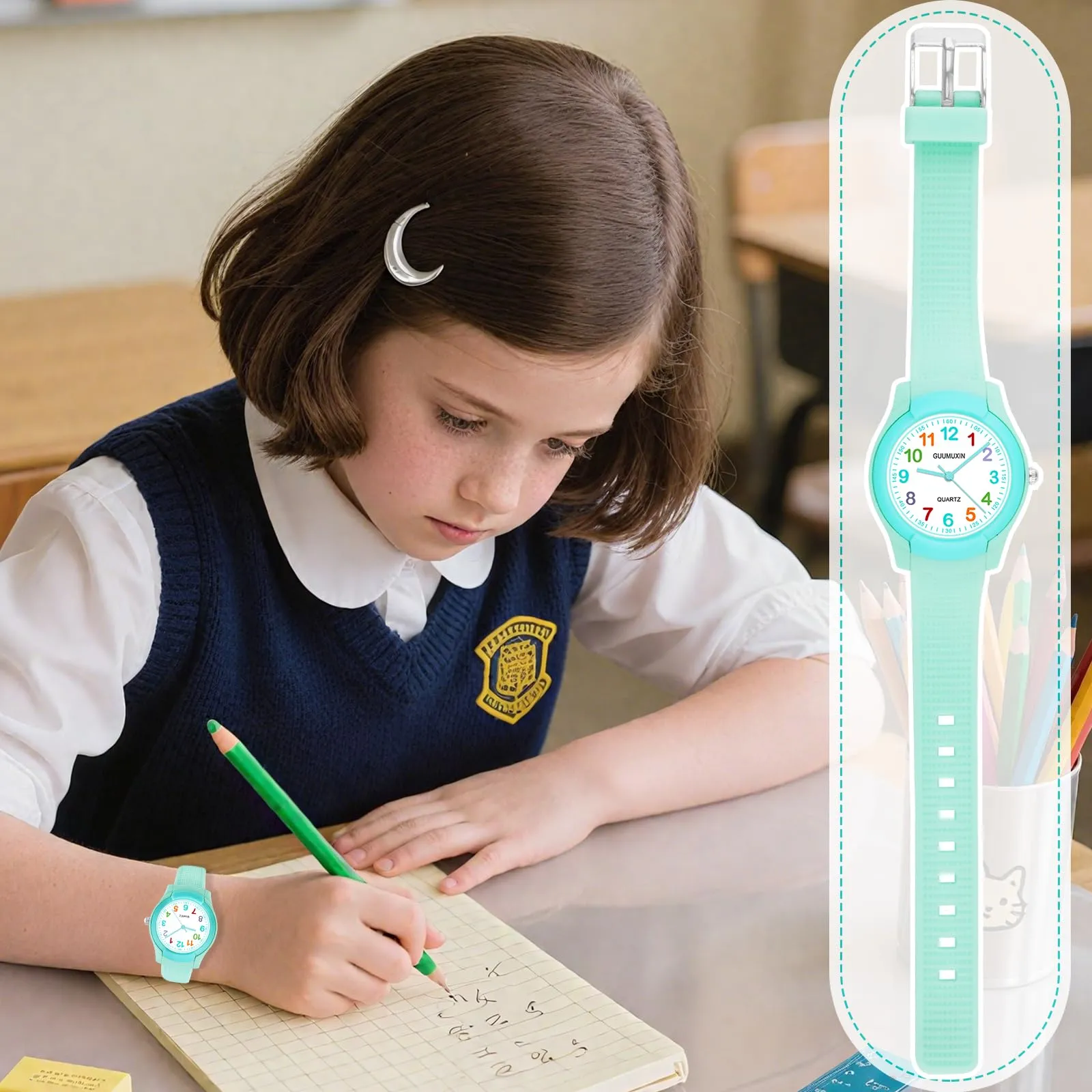 Juboos Orologio Analogico Per Bambini E Bambine, Impermeabile Fino A 3 ATM, Con Gatto, Facile Da Leggere, Viola, Orologio Gatto Bambini - immagine 6