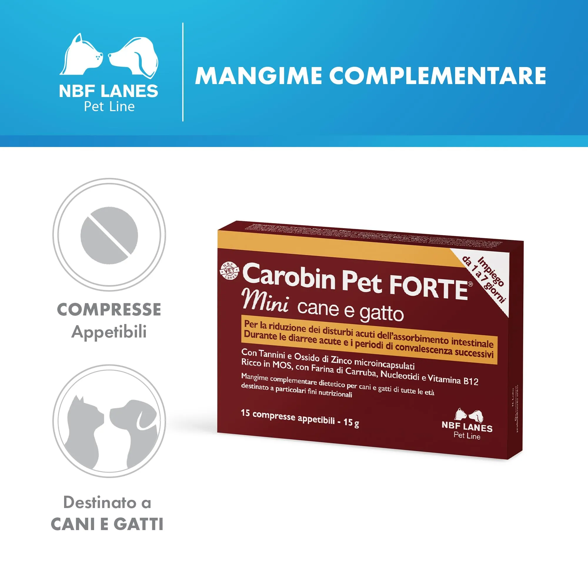 NBF Lanes | Carobin Pet Forte Mini Cane Gatto, 15 Compresse Appetibili, Riduzione Disturbi Acuti dell'Assorbimento Intestinale, Diarree Acute, Convalescenza - immagine 2