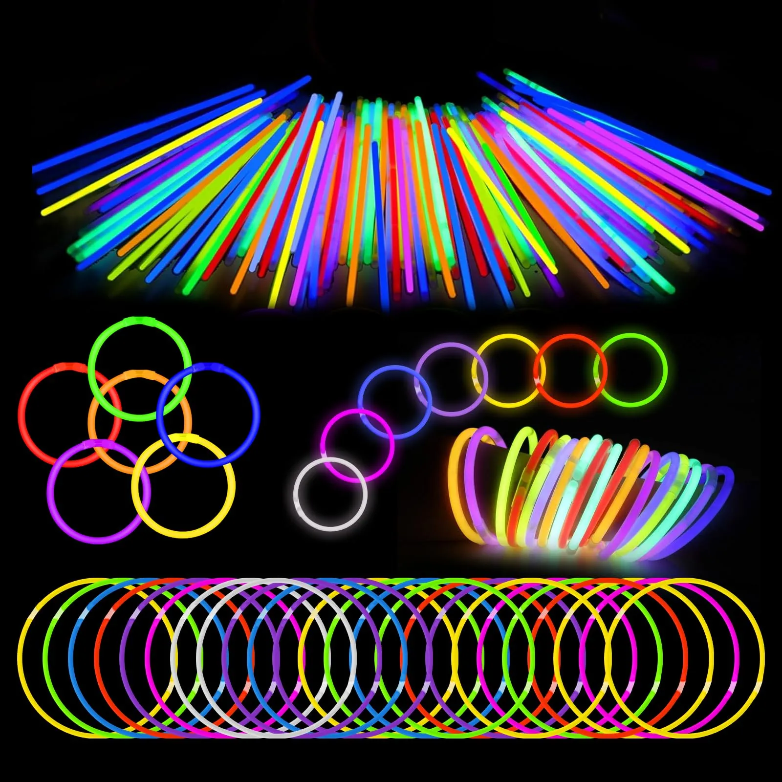 100 Bastoncini Luminosi con 100 Connettori, Braccialetti Fluorescenti Multicolore per Feste, Compleanni, Carnevale, Festival ed Eventi - immagine 1