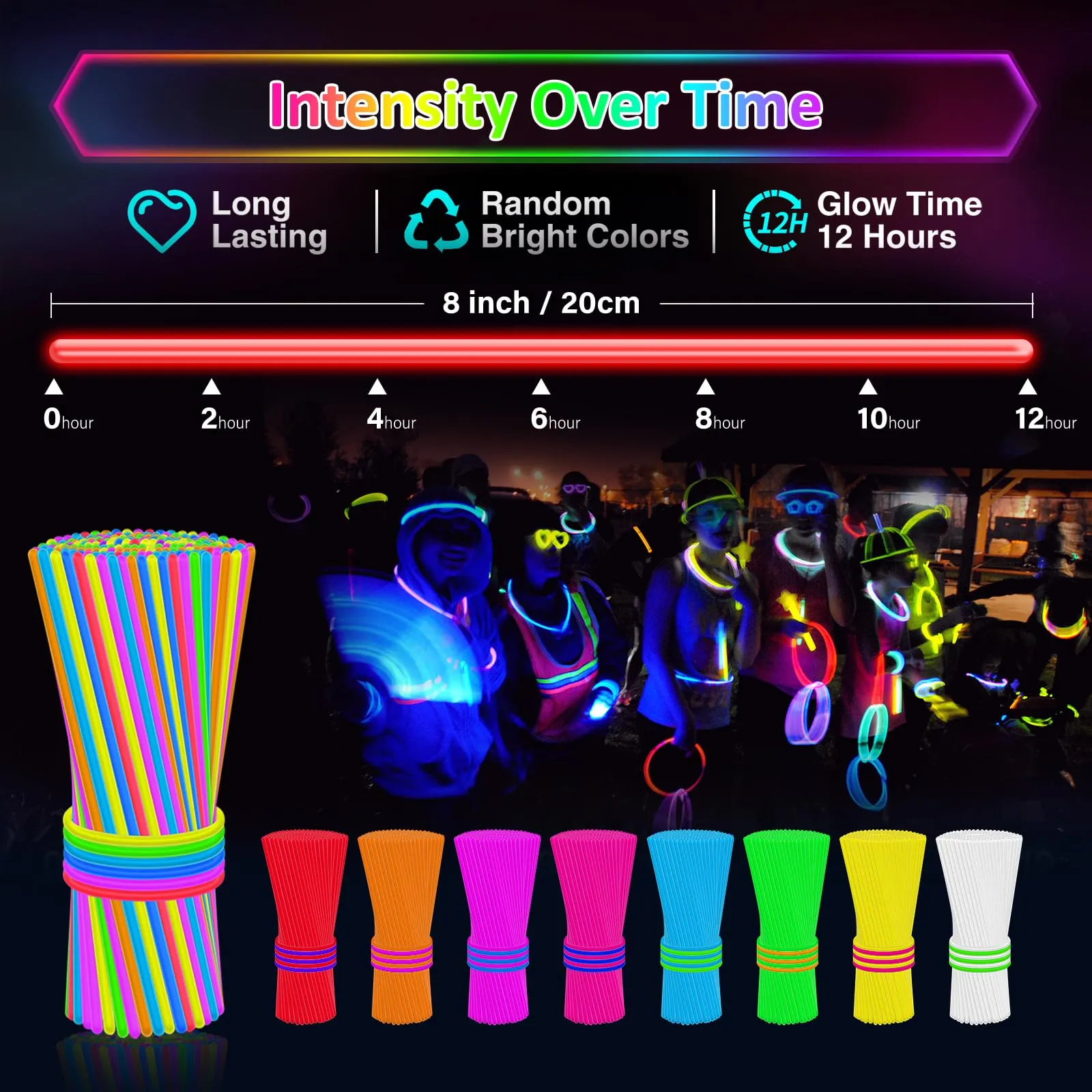 100 Bastoncini Luminosi con 100 Connettori, Braccialetti Fluorescenti Multicolore per Feste, Compleanni, Carnevale, Festival ed Eventi - immagine 2