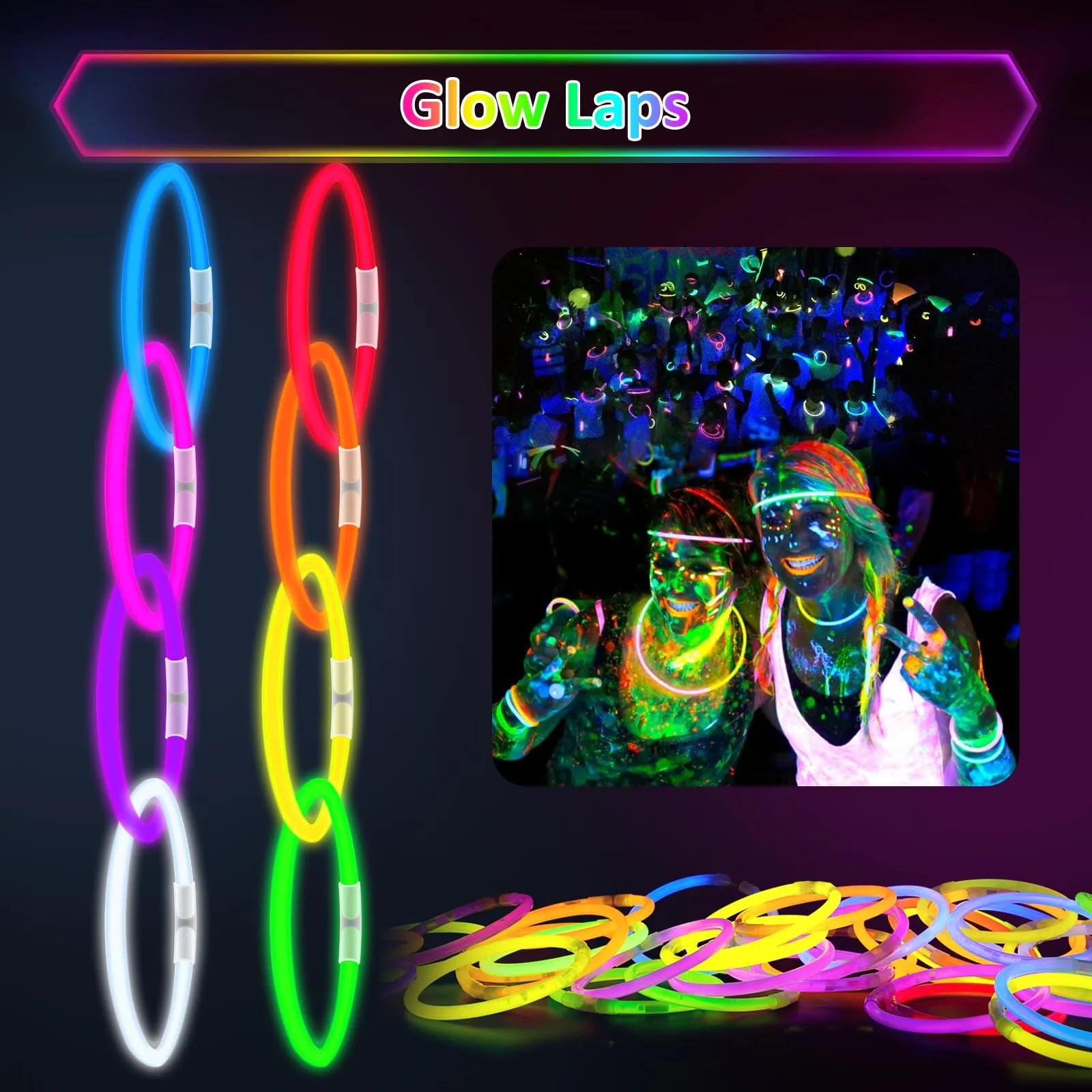 100 Bastoncini Luminosi con 100 Connettori, Braccialetti Fluorescenti Multicolore per Feste, Compleanni, Carnevale, Festival ed Eventi - immagine 3