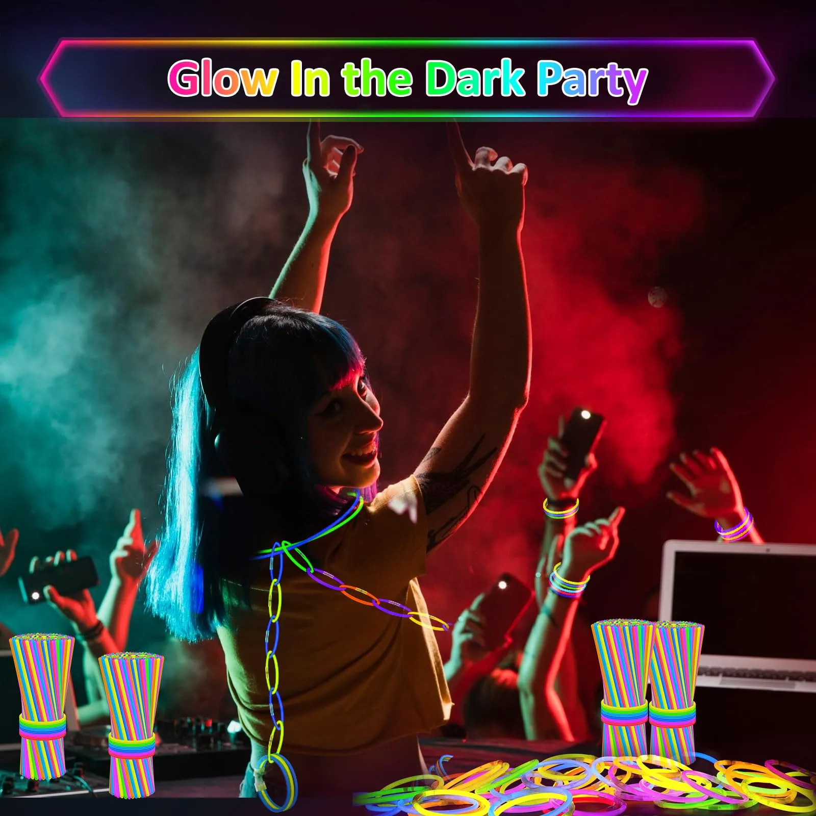 100 Bastoncini Luminosi con 100 Connettori, Braccialetti Fluorescenti Multicolore per Feste, Compleanni, Carnevale, Festival ed Eventi - immagine 4