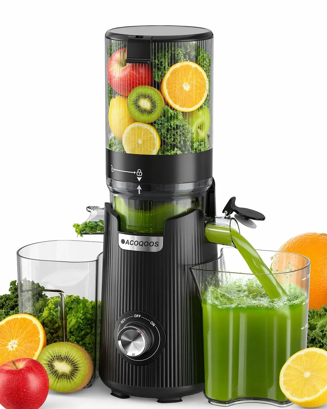 ACOQOOS Estrattore Frutta e Verdura, 132 mm Bocca Extra-Larga, Capacità 1,8 L, Motore da 280 W, BPA Free, Facile da Smontare e Pulire, Nero - immagine 1