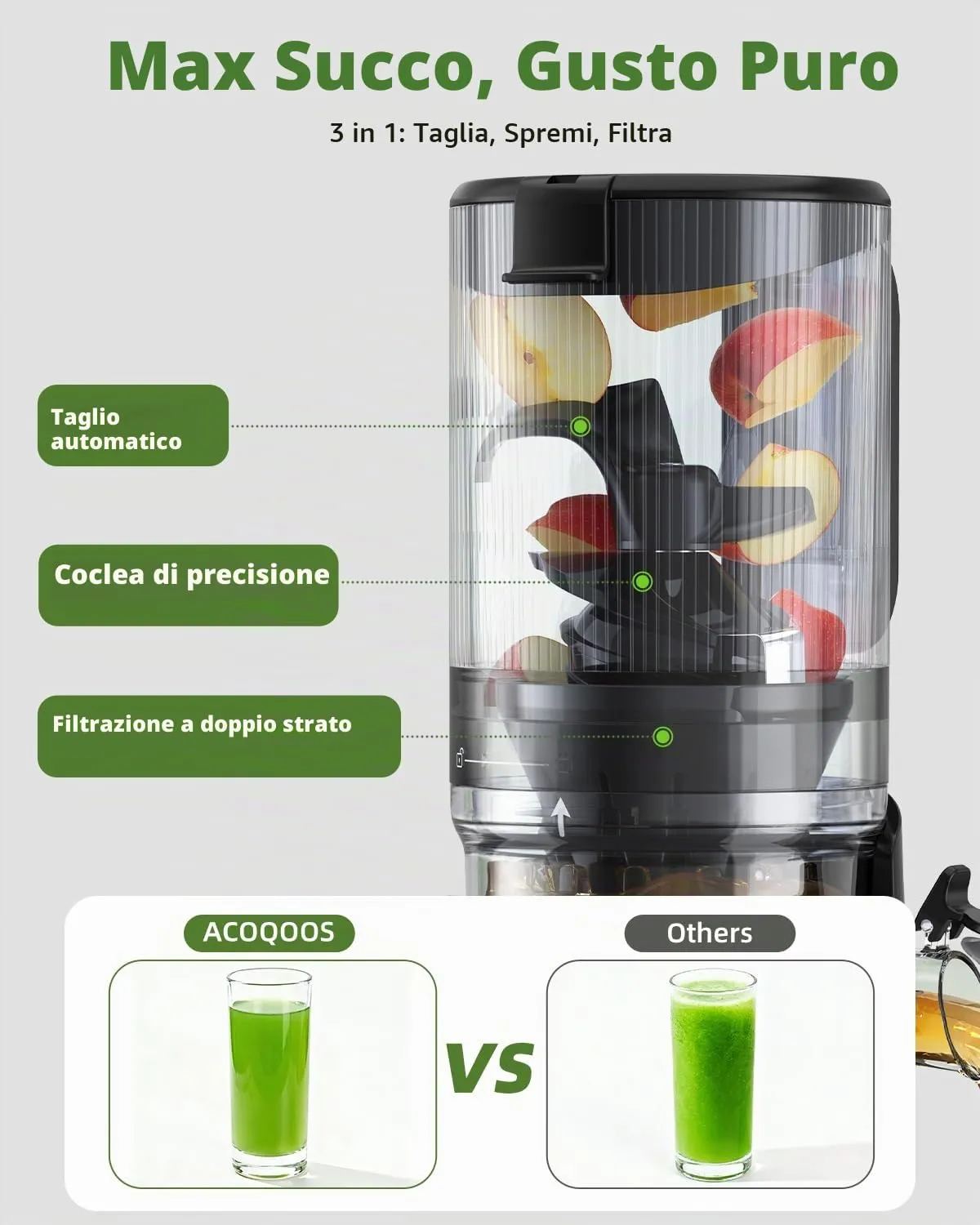 ACOQOOS Estrattore Frutta e Verdura, 132 mm Bocca Extra-Larga, Capacità 1,8 L, Motore da 280 W, BPA Free, Facile da Smontare e Pulire, Nero - immagine 3