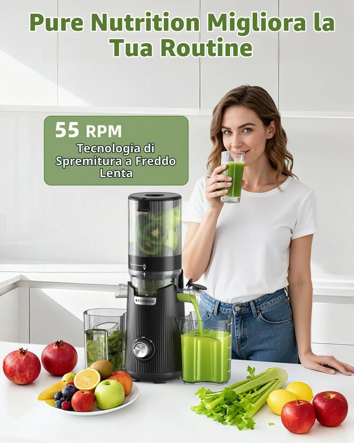 ACOQOOS Estrattore Frutta e Verdura, 132 mm Bocca Extra-Larga, Capacità 1,8 L, Motore da 280 W, BPA Free, Facile da Smontare e Pulire, Nero - immagine 6
