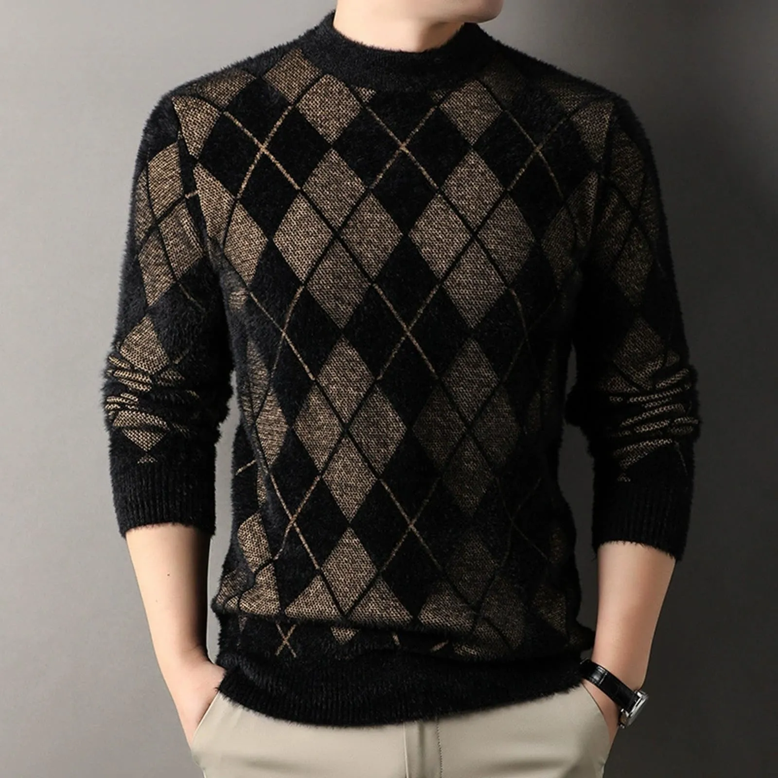 Argyle - Maglione da uomo con motivo a rombi, in jacquard, con scollo rotondo, invernale, lavorato a maglia, da lavoro, leggero, giallo., 4XL - immagine 2